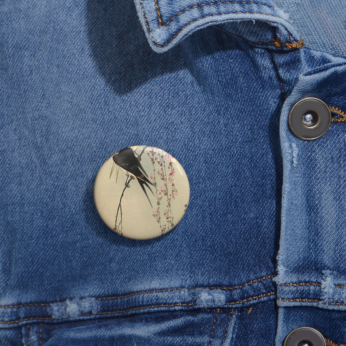 Koson - two-barn-swallows-on-blossoming-cherry, Ohara Koson Pin Buttons with Crisp Design