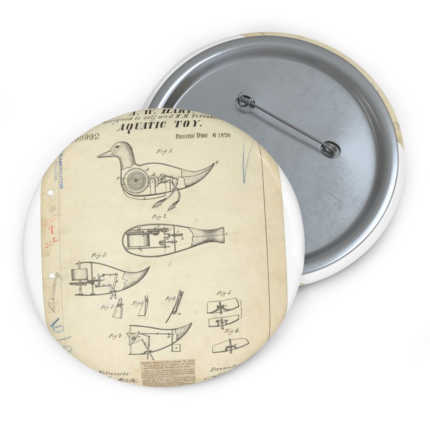 Patent drawing - Drawing of Aquatic Toy Public domain  image Pin Buttons with Crisp Design