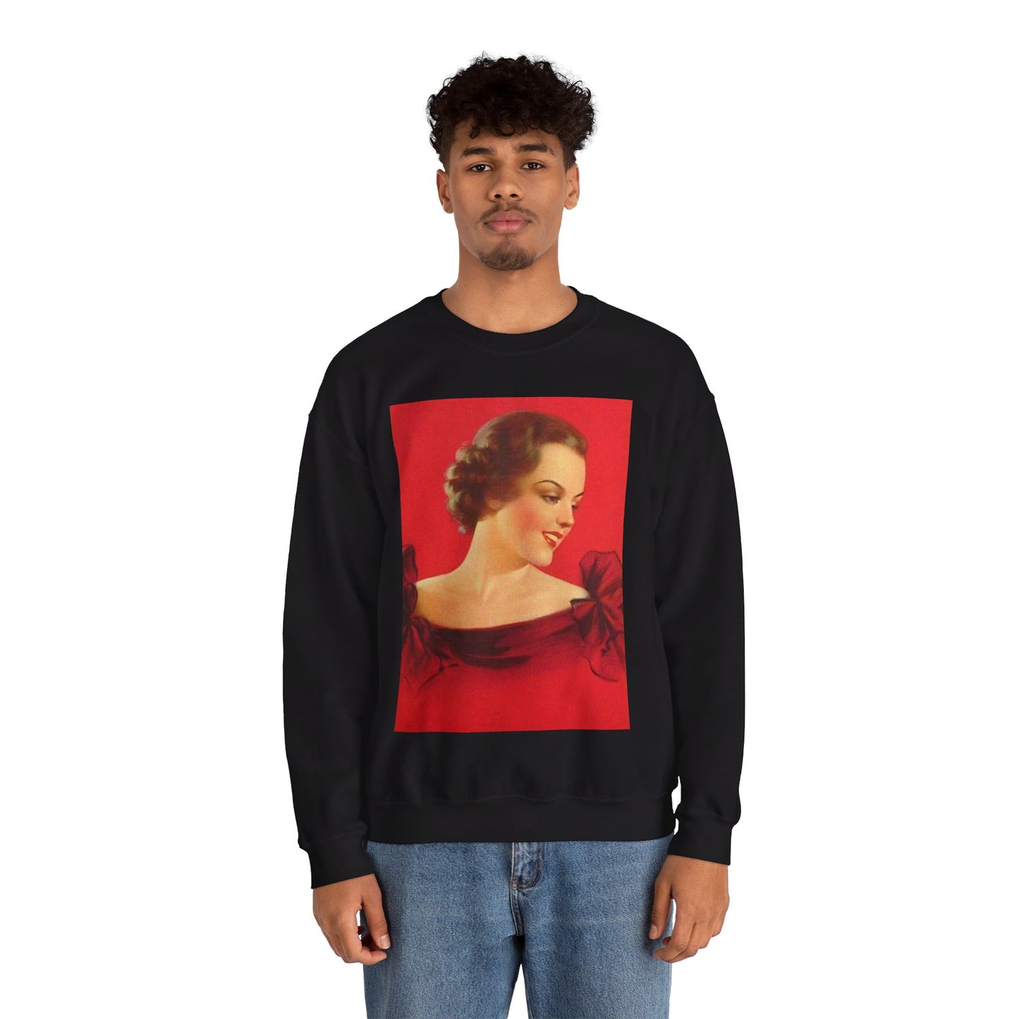 Brunette girl head, red background, painting by Edward Mason Eggleston Black Heavy Blend Adult Crew Neck SweatShirt