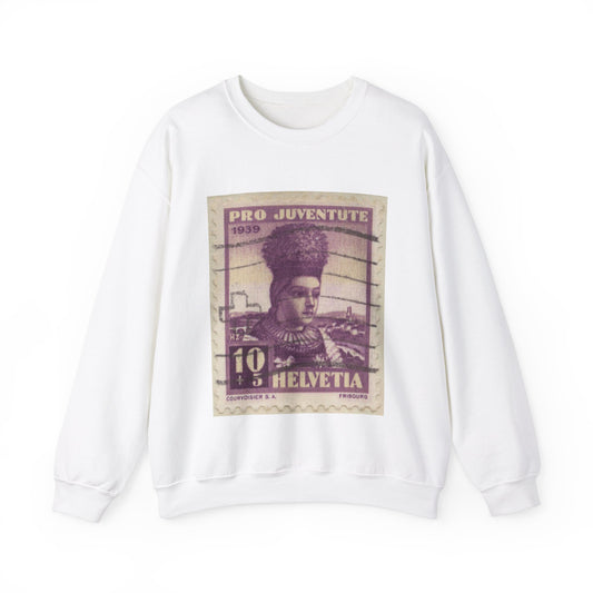 Frimärke ur Gösta Bodmans filatelistiska motivsamling, påbörjad 1950.Frimärke från Schweiz, 1939. Motiv av kvinnodräkt, Freiburg. White Heavy Blend Adult Crew Neck SweatShirt