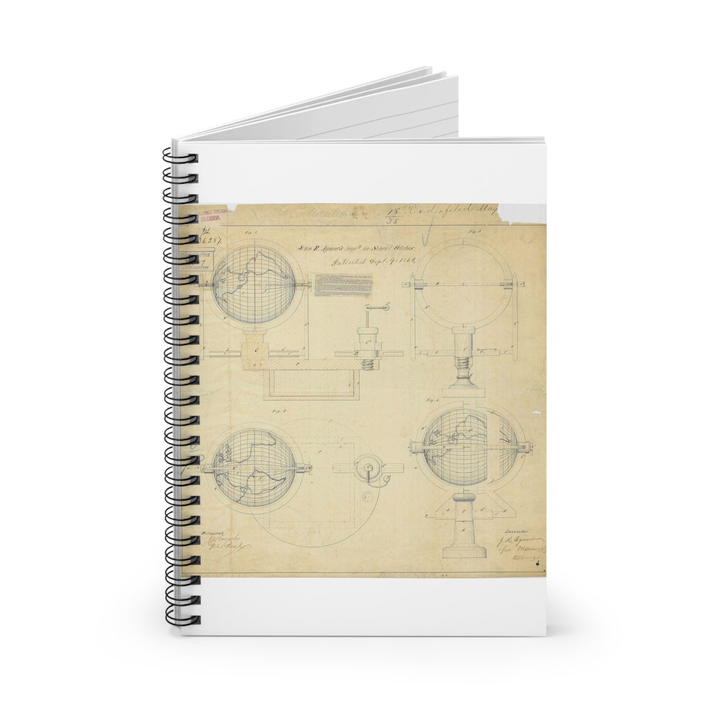 Patent drawing - Drawing of an Improvement in School Globes Public domain  image Spiral Bound Ruled Notebook with Printed Cover