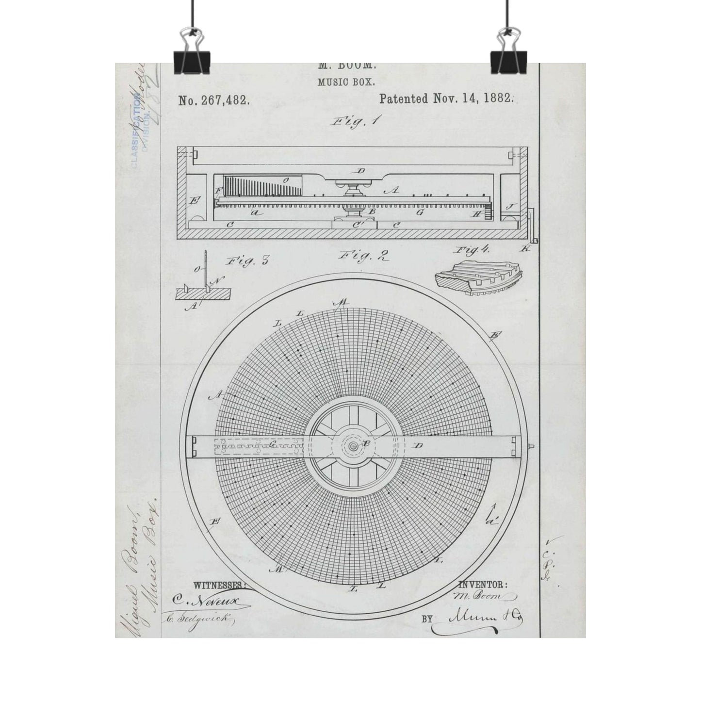 Patent Drawing of Engine - for M. Boom's Music Box Public domain  image High Quality Matte Wall Art Poster for Home, Office, Classroom