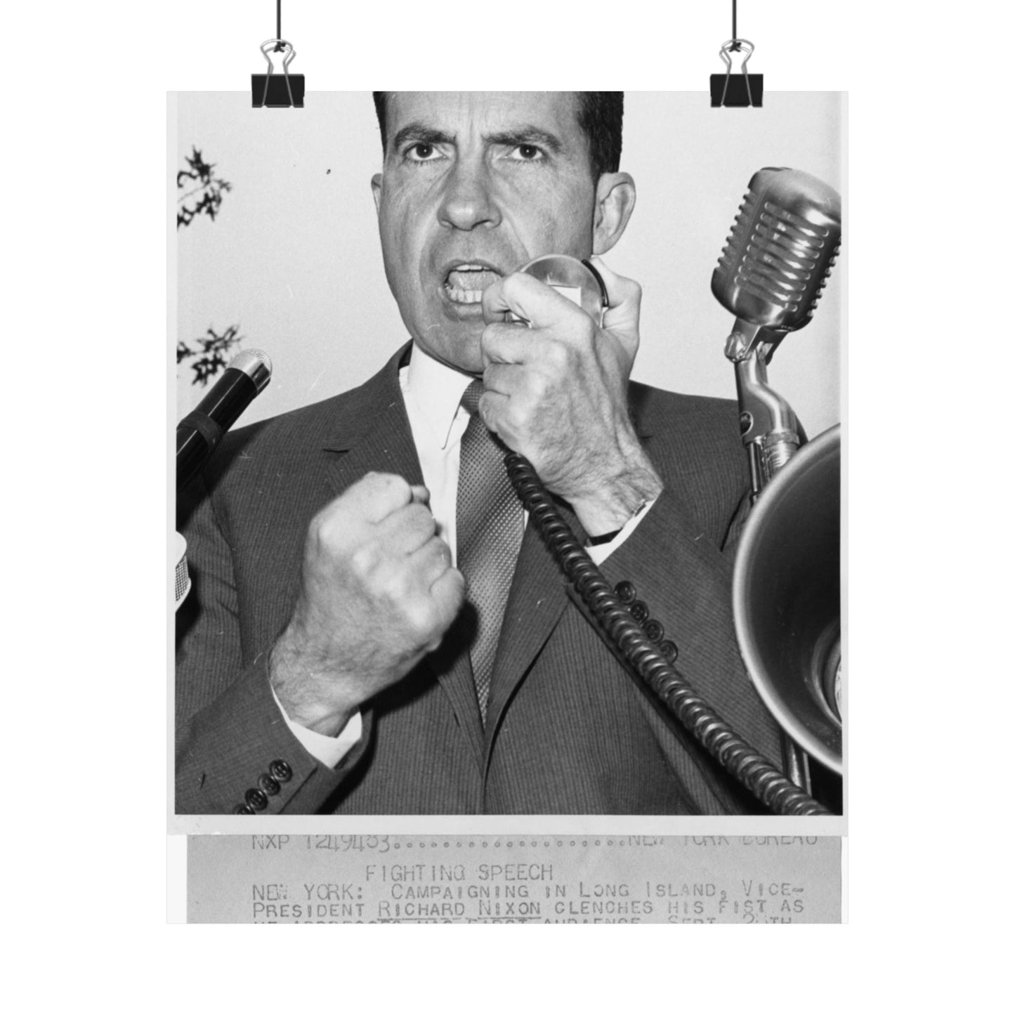 Richard Nixon clinches his fist as he addresses his first audience in Long Island, New York High Quality Matte Wall Art Poster for Home, Office, Classroom