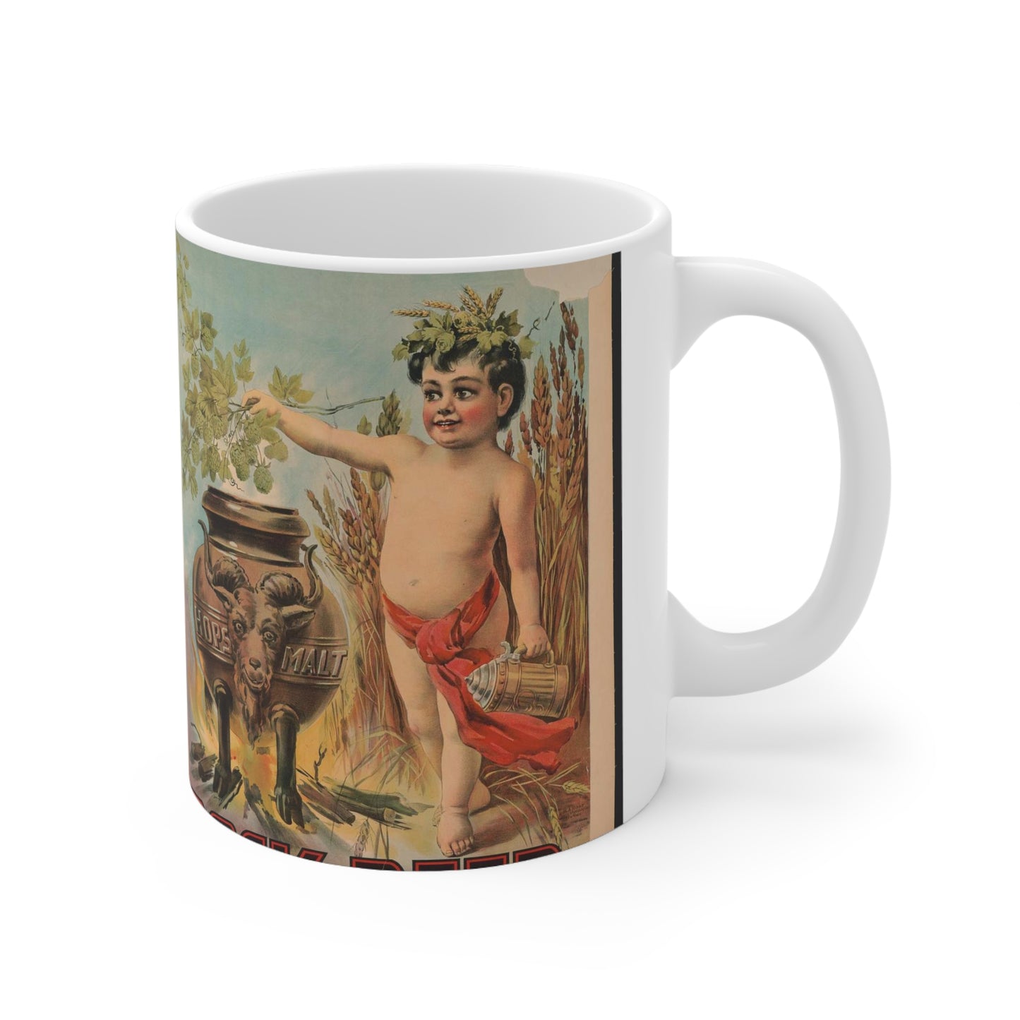 Bock beer boy standing to the right of a vat, which is inscribed hops malt, holding hops over the vat Beautiful Novelty Ceramic Coffee Mug 11oz