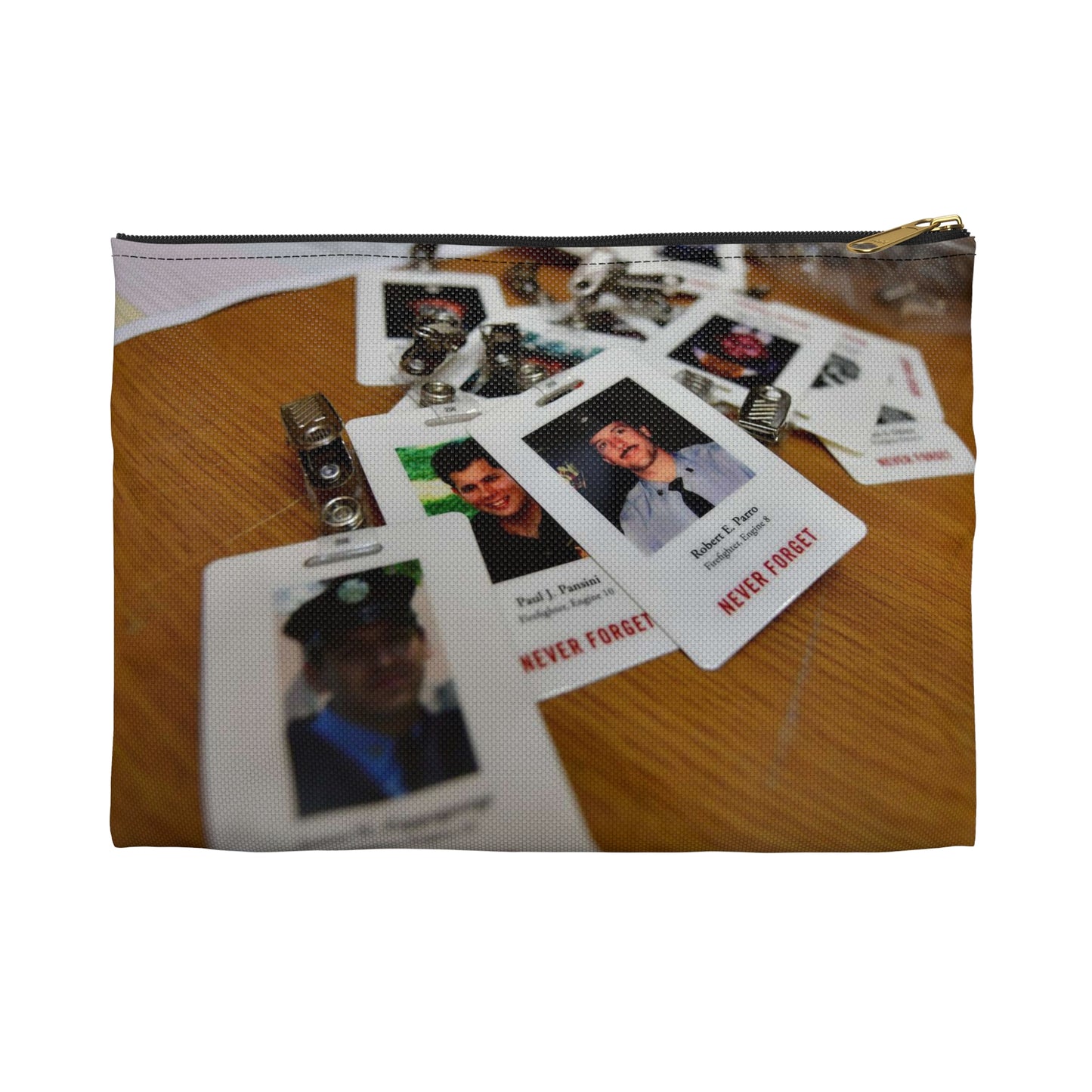 Badges with photos of 9/11 emergency responders, sit Large Organizer Pouch with Black Zipper