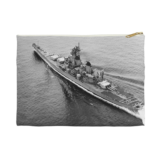 An elevated port quarter view of the battleship USS IOWA (BB 61) underway during sea trials Large Organizer Pouch with Black Zipper