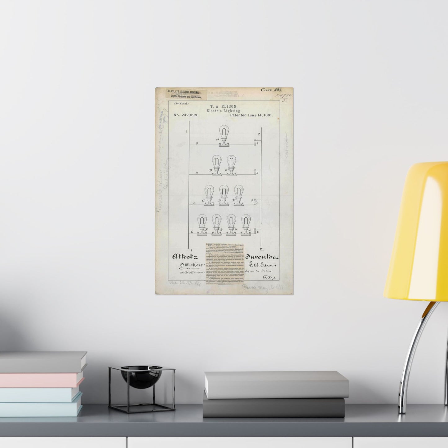 Patent drawing - for T. A. Edison's Electric Lighting Public domain  image High Quality Matte Wall Art Poster for Home, Office, Classroom