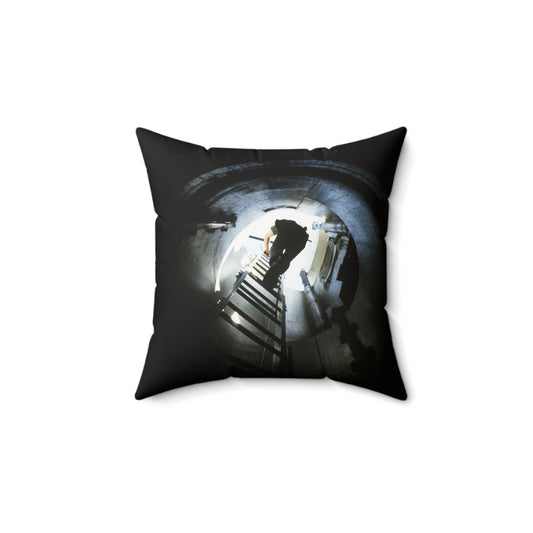 A 44th Field Missile Maintenance Squadron maintenance technician climbs down a ladder into a Minuteman missile support facility Decorative Accent Square Pillow