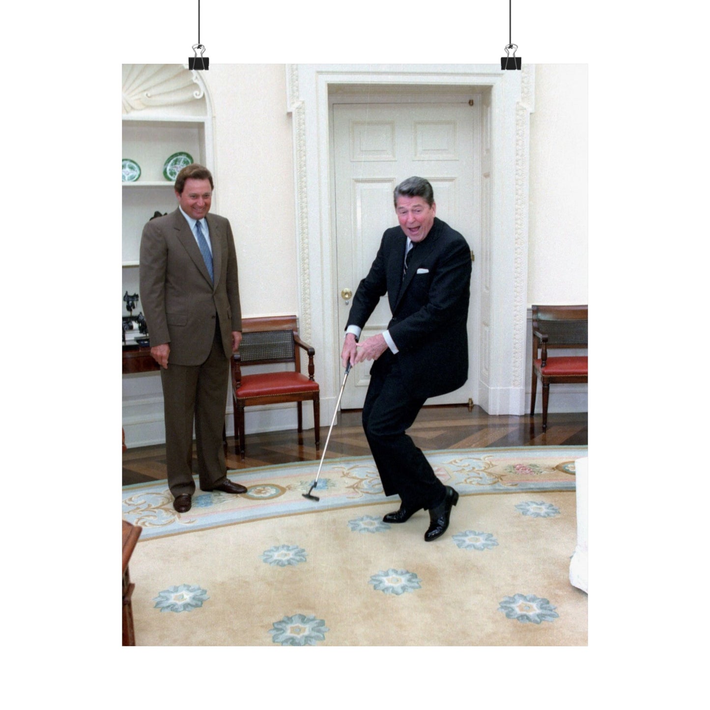 President Ronald Reagan Putting a Golf Ball with Raymond Floyd Looking on in the Oval Office High Quality Matte Wall Art Poster for Home, Office, Classroom