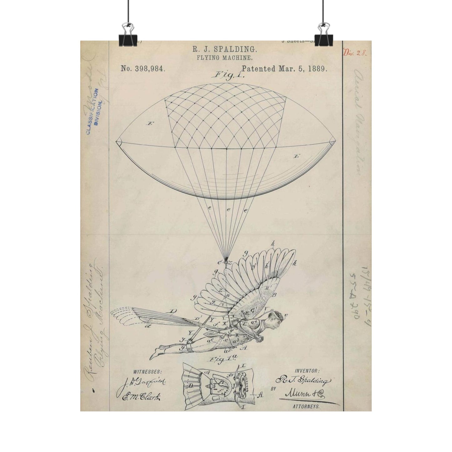 Patent drawing - for R. J. Spalding's Flying Machine Public domain  image High Quality Matte Wall Art Poster for Home, Office, Classroom