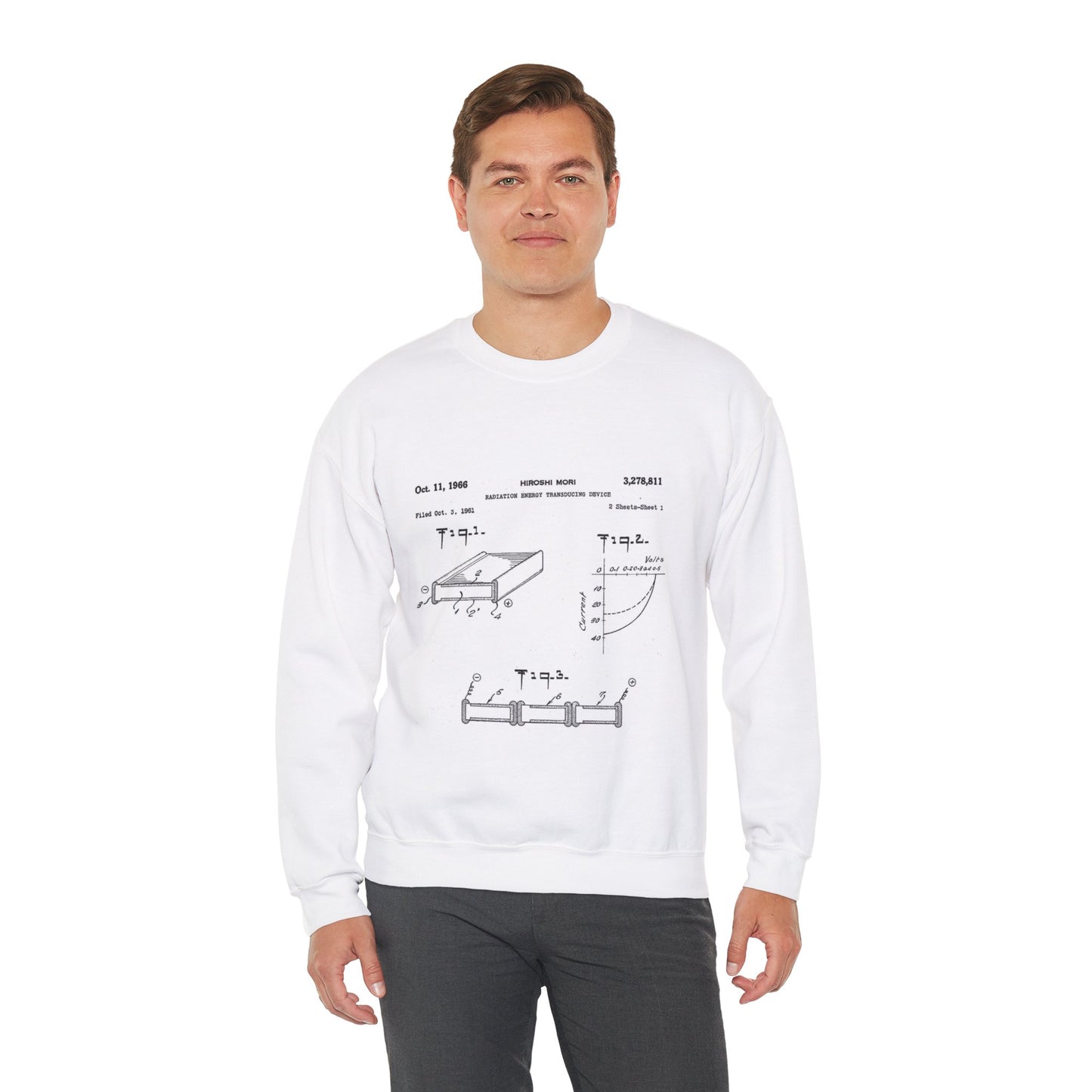 Patent drawing - Hiroshi Mori's first patented bifacial solar cell (1961) Public domain  image White Heavy Blend Adult Crew Neck SweatShirt