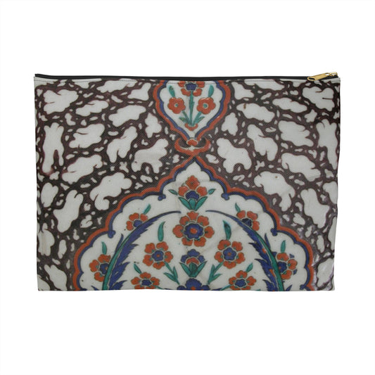 Tile with Floral Cartouche Design on Ebru (Marble Imitation Pattern) Background Large Organizer Pouch with Black Zipper