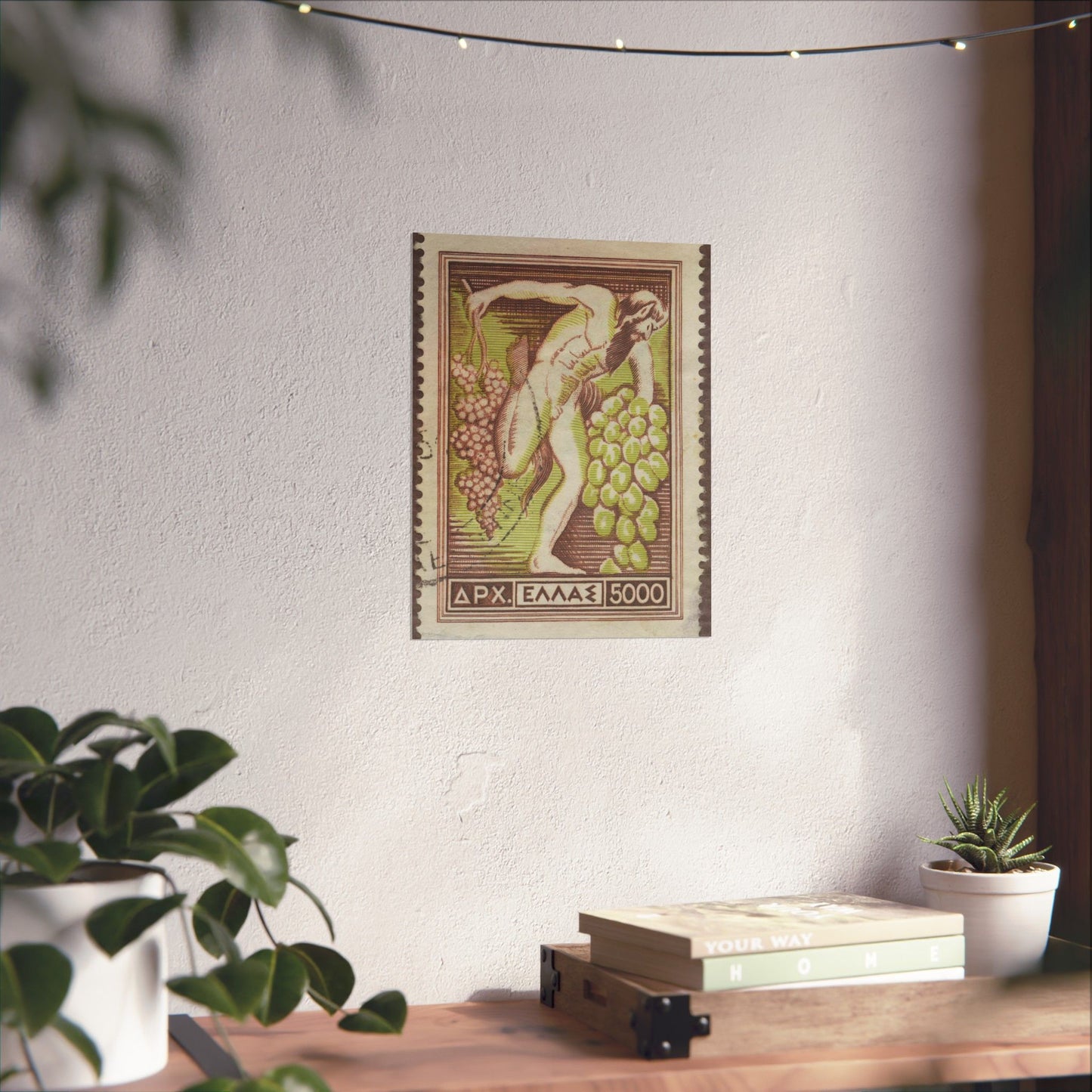 Frimärke ur Gösta Bodmans filatelistiska motivsamling, påbörjad 1950.Frimärke från Grekland, 1953. Motiv av Bacchus med vindruvsklasar. High Quality Matte Wall Art Poster for Home, Office, Classroom