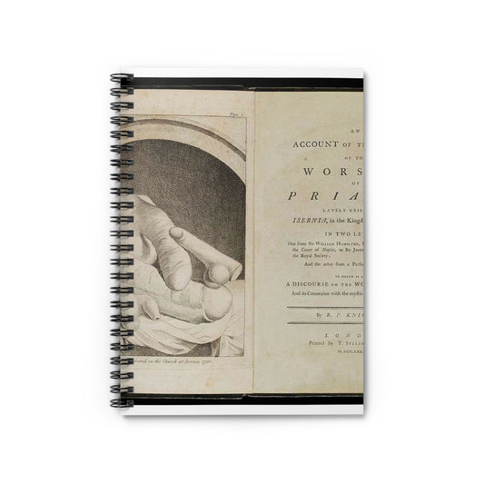 Priapworship - An old book with a drawing of a woman holding a baby Spiral Bound Ruled Notebook with Printed Cover