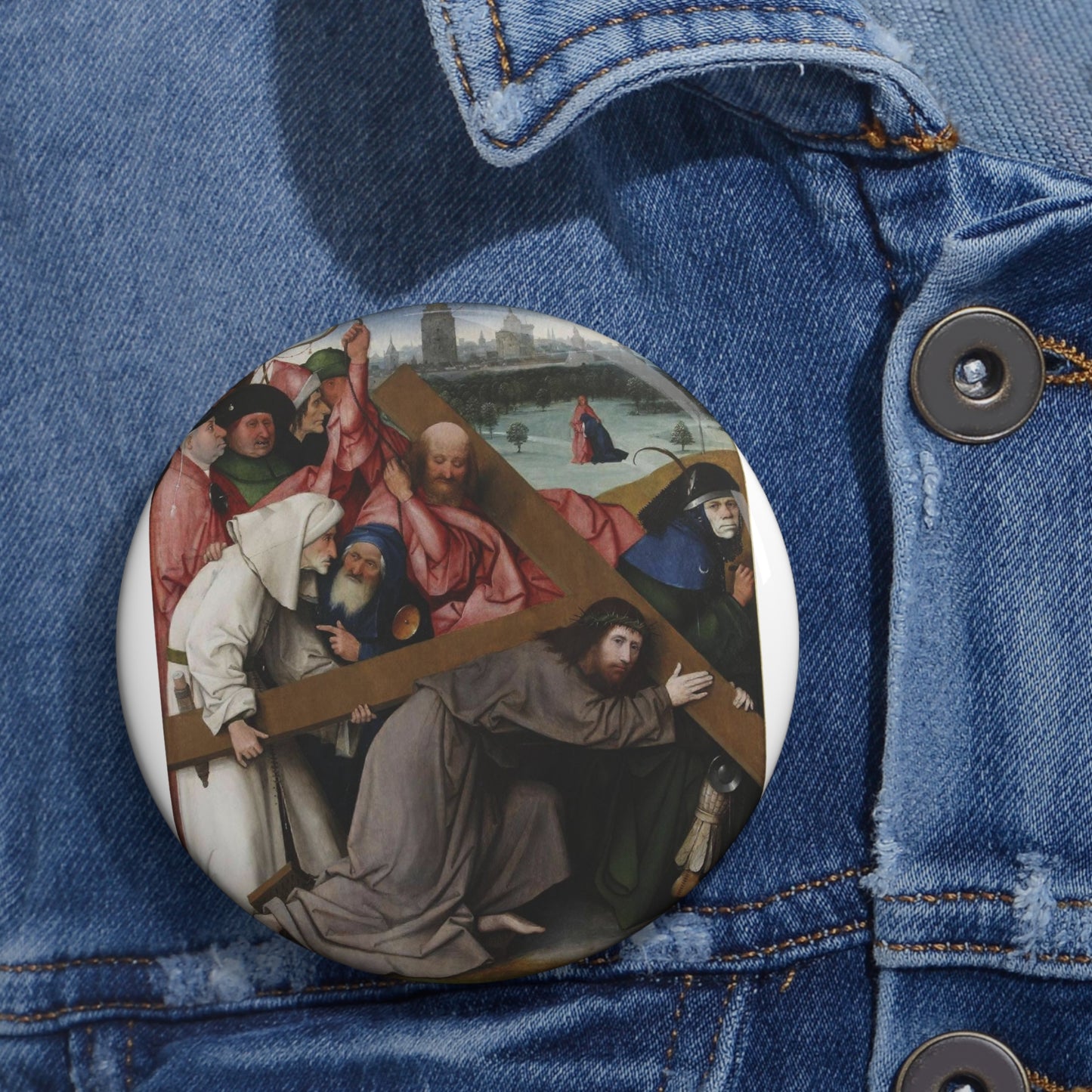 Christ Carrying Cross Bosch Madrid Version Pin Buttons with Crisp Design