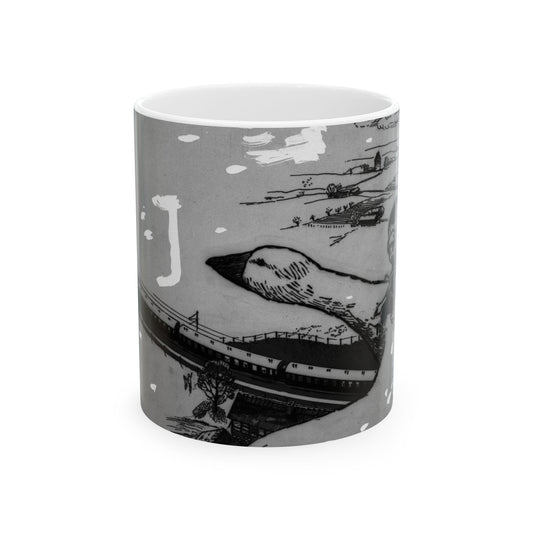 Nils Holgersson-teckning. Nils Holgersson turen.(flygperspektiv med tåg och gårdar, Skåne-slätten) Beautiful Novelty Ceramic Coffee Mug 11oz