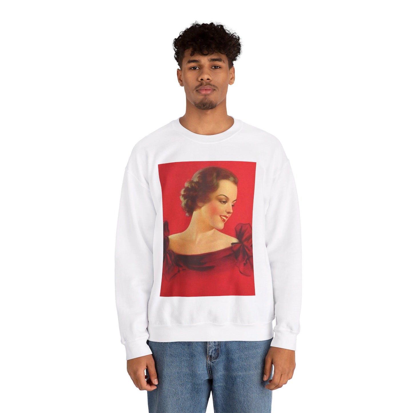 Brunette girl head, red background, painting by Edward Mason Eggleston White Heavy Blend Adult Crew Neck SweatShirt