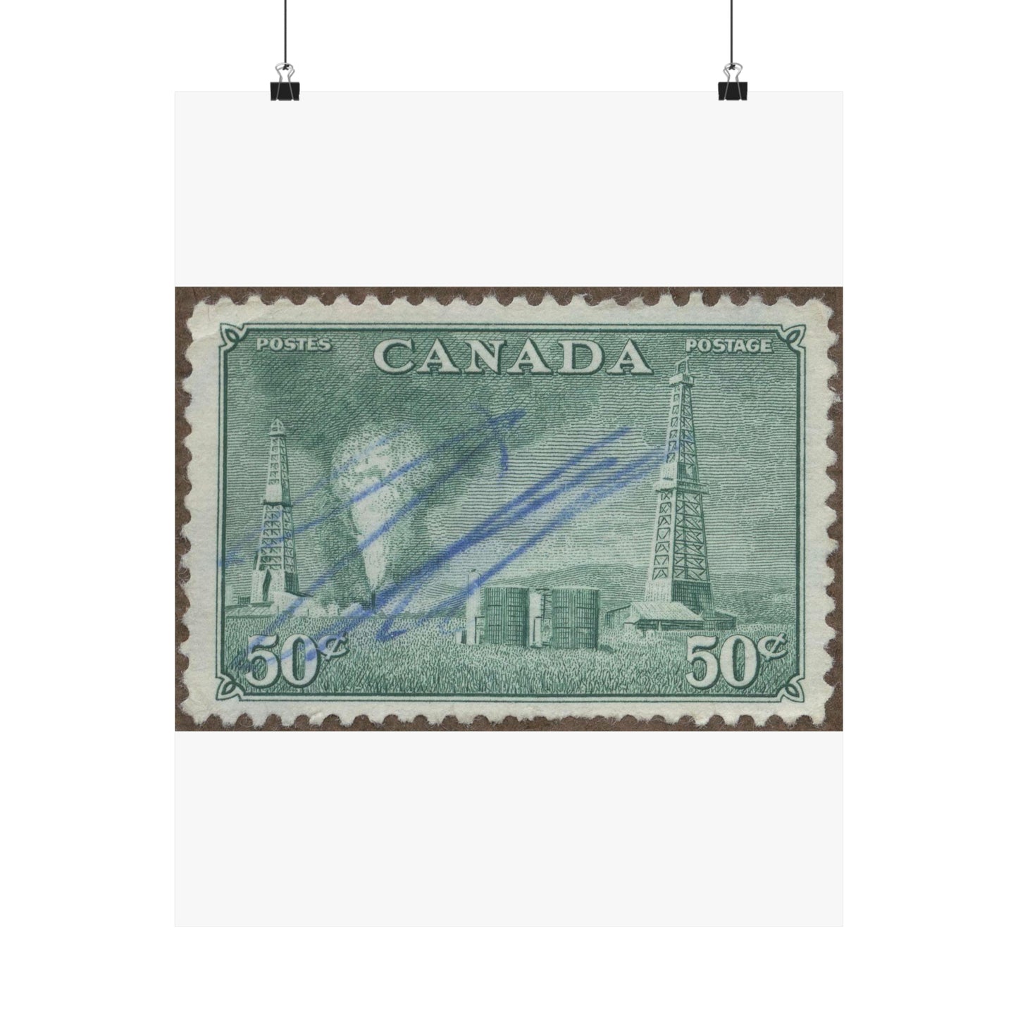 Frimärke ur Gösta Bodmans filatelistiska motivsamling, påbörjad 1950.Frimärke från Canada, 1950. Motiv av petroleumutvinning i Alberta. High Quality Matte Wall Art Poster for Home, Office, Classroom