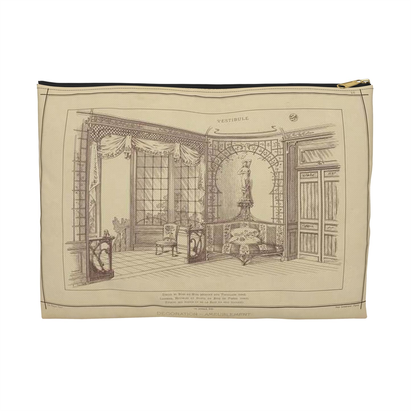 Vestibule : décor de baie en bois découpé sur treillage doré. Lambris, meubles et porte en bois de frêne verni. Etoffe des sièges et de la baie en soie brochée. Large Organizer Pouch with Black Zipper