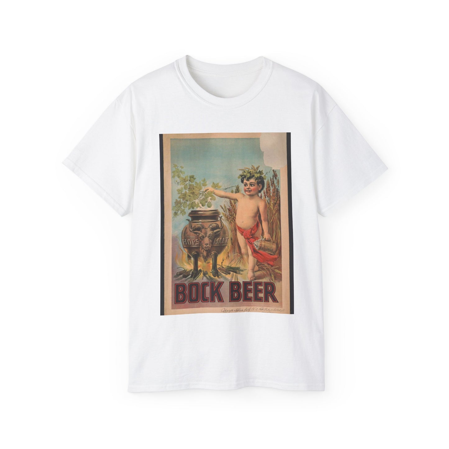 Bock beer boy standing to the right of a vat, which is inscribed hops malt, holding hops over the vat White T-Shirt Gildan 2000 Cotton Unisex