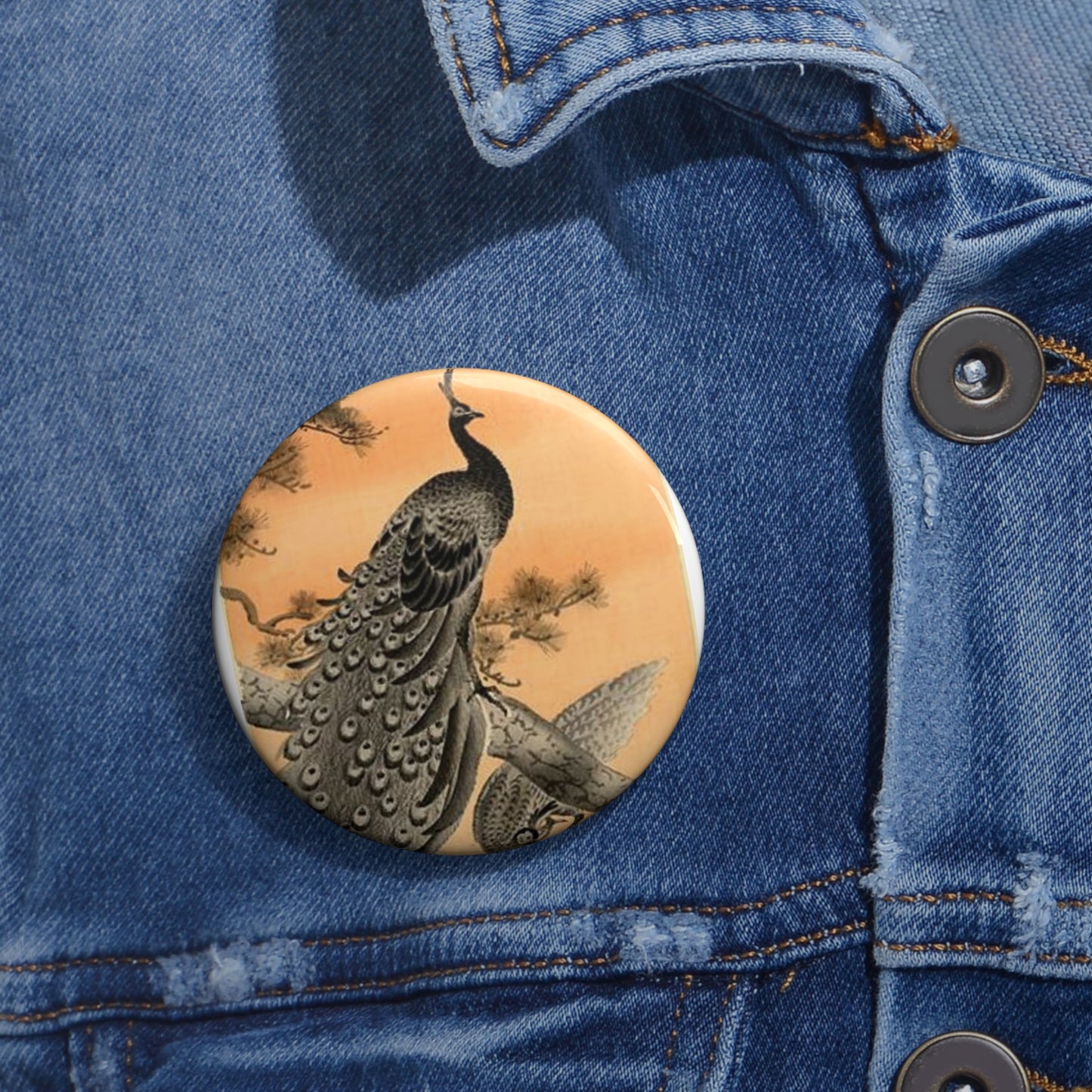 Koson - peacock-and-hen, Ohara Koson Pin Buttons with Crisp Design