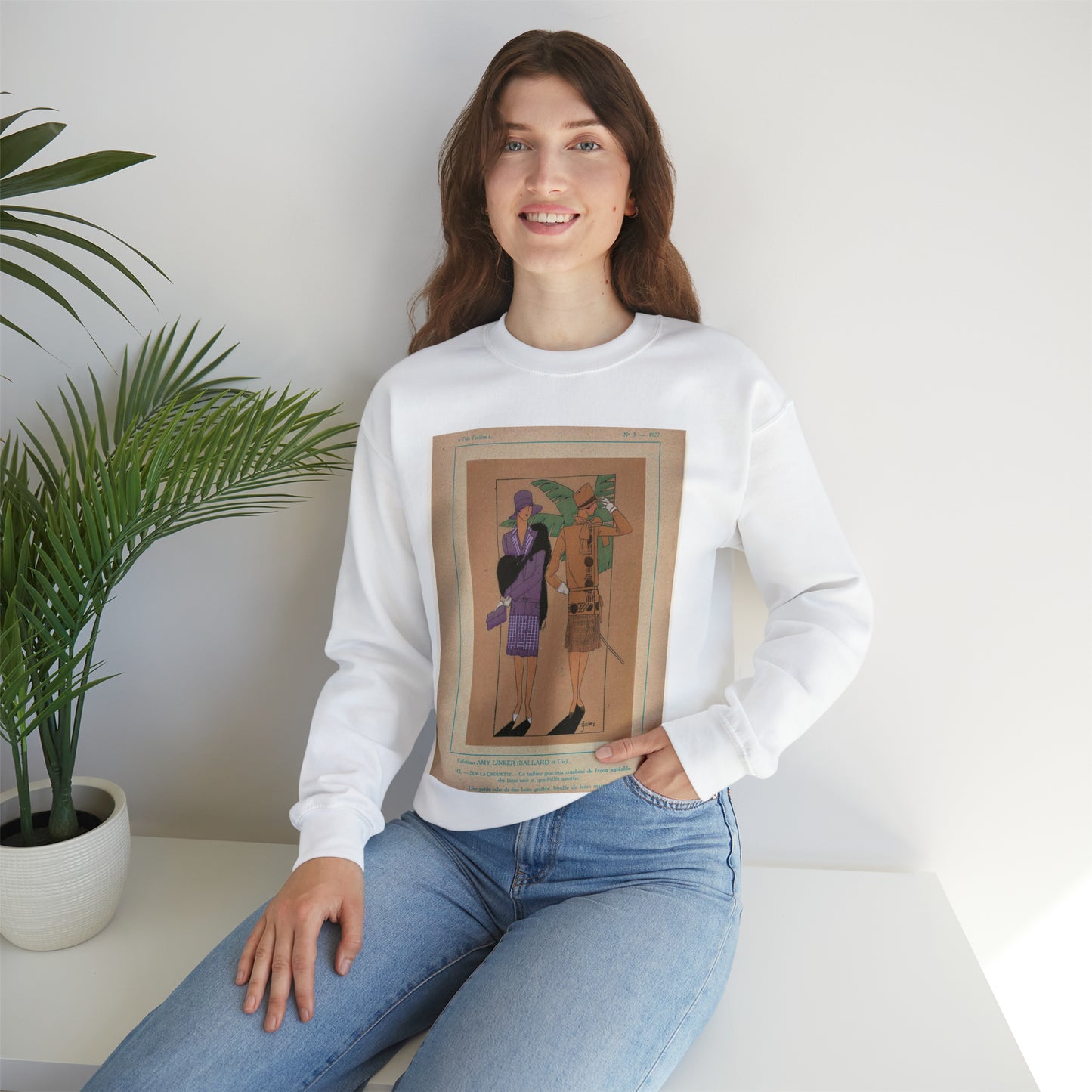 Très Parisien, 1927, No. 3, Pl. 15: Créations AMY LINKER (BALLARD et Cie) - SUR LA CROISETTE White Heavy Blend Adult Crew Neck SweatShirt