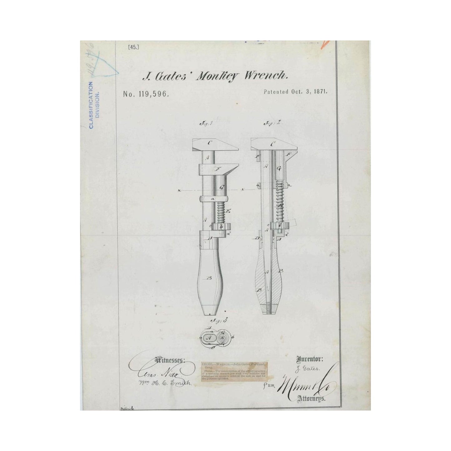 Patent Drawing of Engine - for J. Gates' Monkey Wrench Public domain  image High Quality Matte Wall Art Poster for Home, Office, Classroom