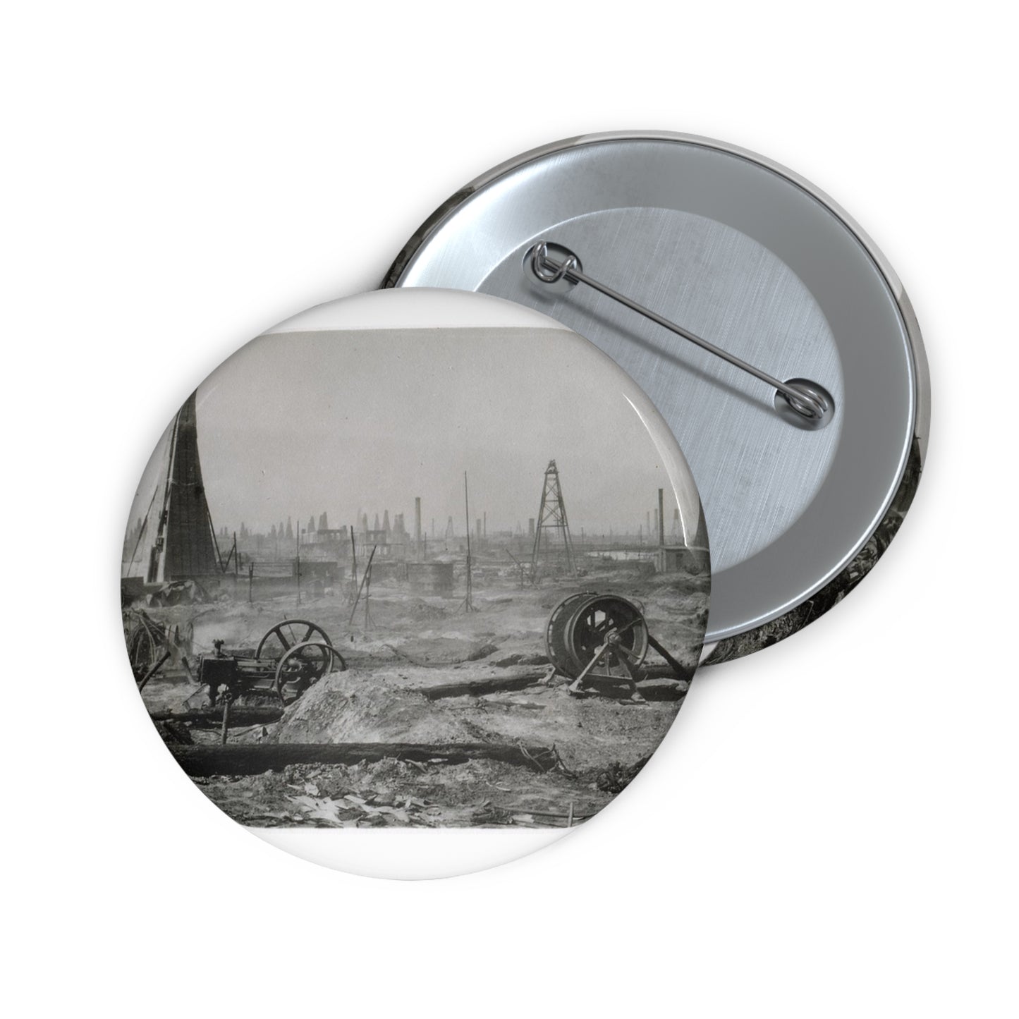 Baku. Oil production. - Drawing. Public domain image. Pin Buttons with Crisp Design