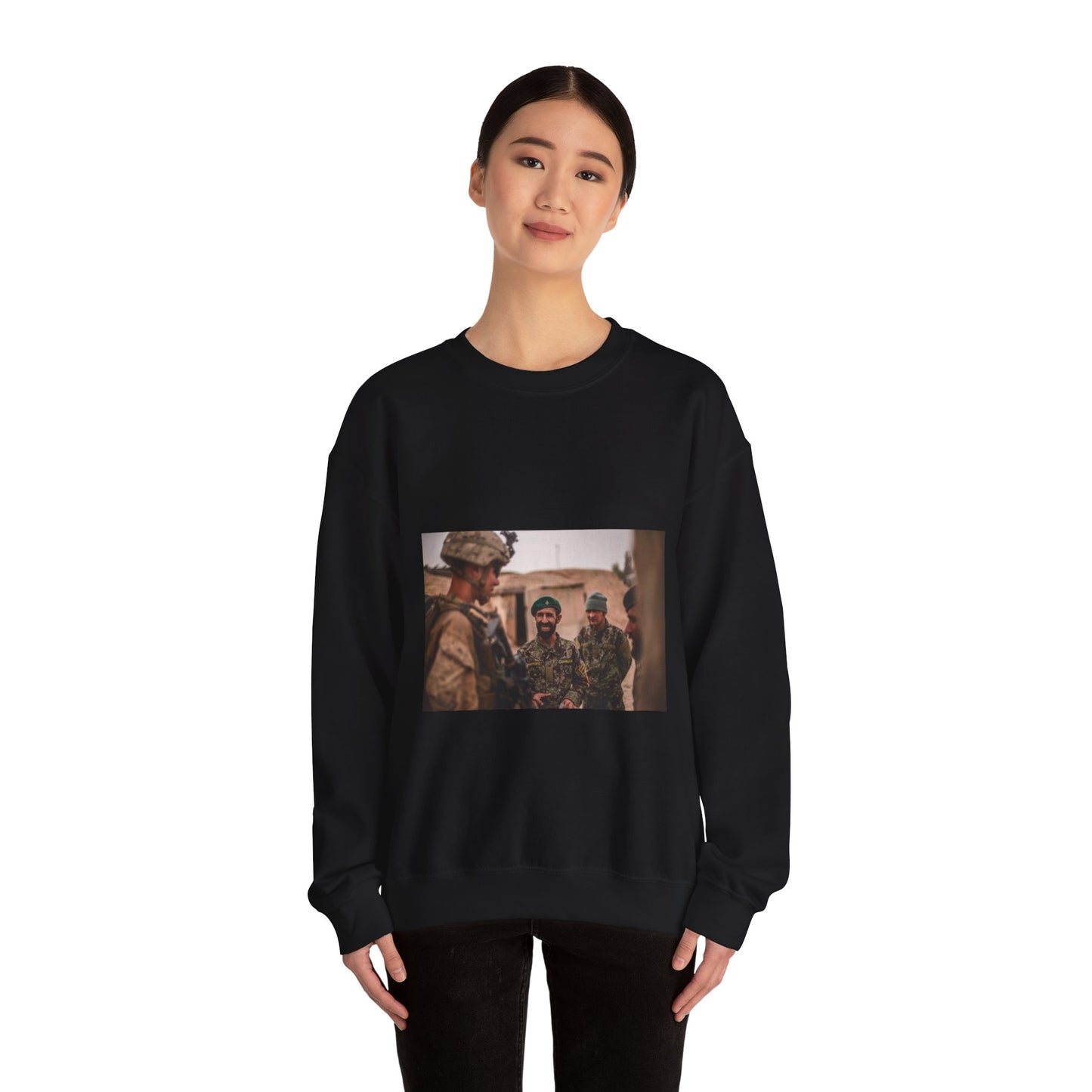 A U.S. Marine with Task Force Southwest (TFSW) converses Black Heavy Blend Adult Crew Neck SweatShirt