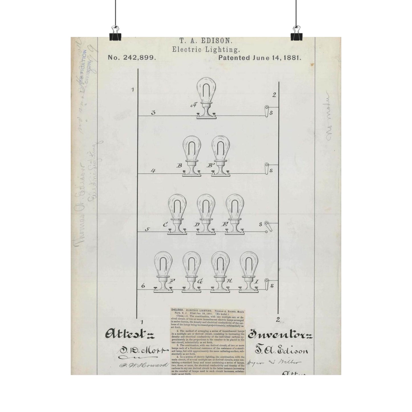 Patent drawing - for T. A. Edison's Electric Lighting Public domain  image High Quality Matte Wall Art Poster for Home, Office, Classroom