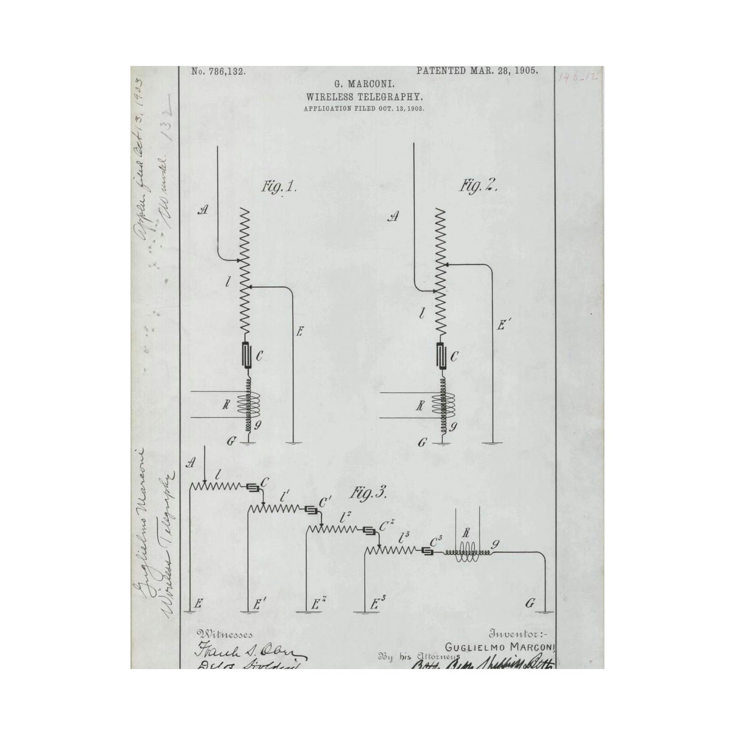 Patent drawing - for G. Marconi's Wireless Telegraphy Public domain  image High Quality Matte Wall Art Poster for Home, Office, Classroom