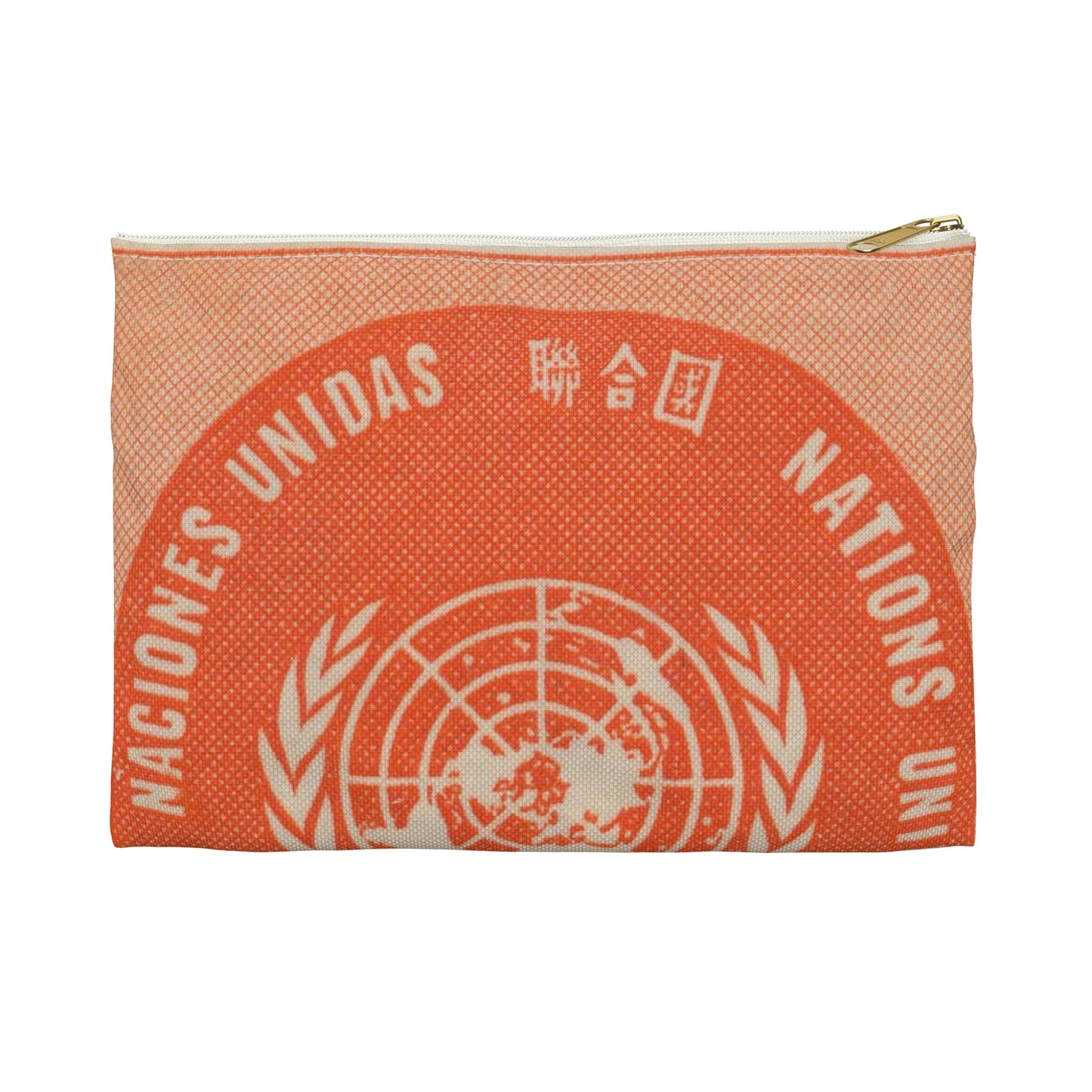 Frimärke ur Gösta Bodmans filatelistiska motivsamling, påbörjad 1950.Frimärke från Nations Unies 1958. Motiv av F. N.- märket. Large Organizer Pouch with Black Zipper