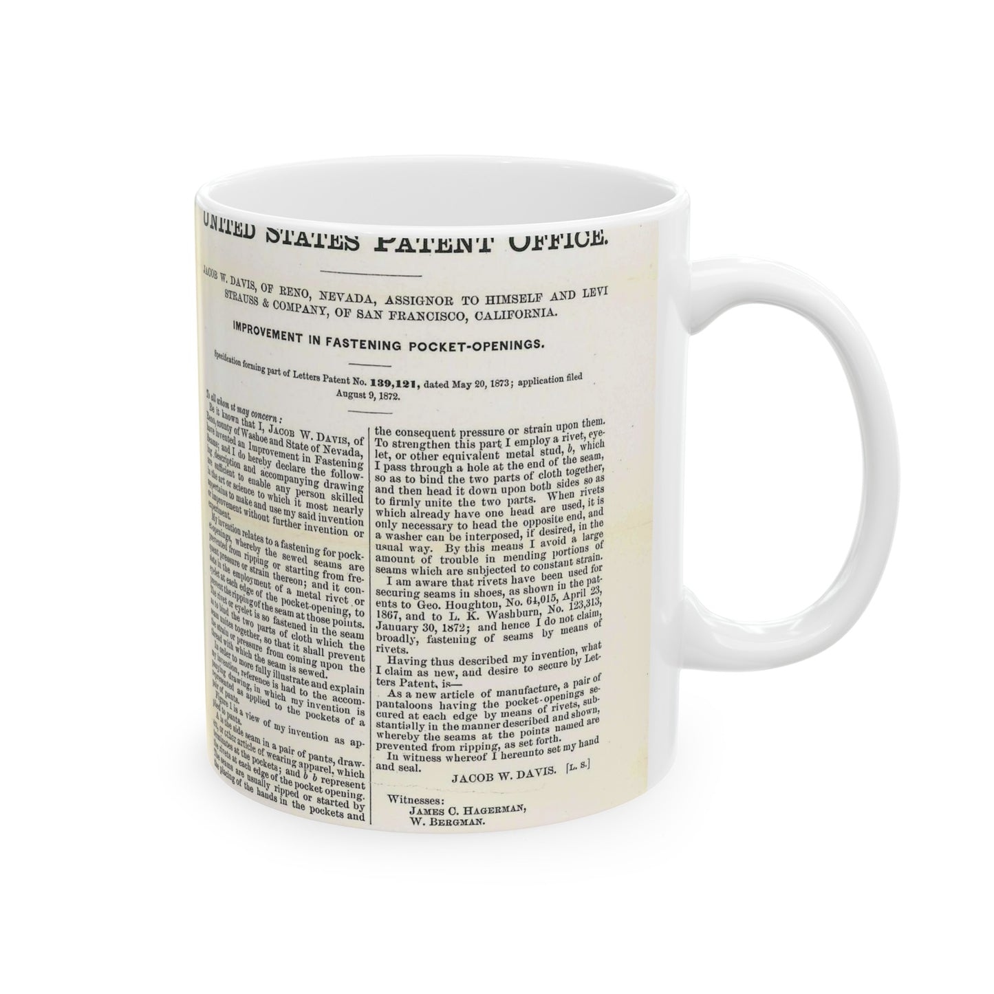 Patent Case File No. 139,121, Improvement in Fastening Pocket Openings, Inventor- Jacob W. Davis - DPLA - afb017b06366ded5b3d9735cb413b735 (page 29) Beautiful Novelty Ceramic Coffee Mug 11oz