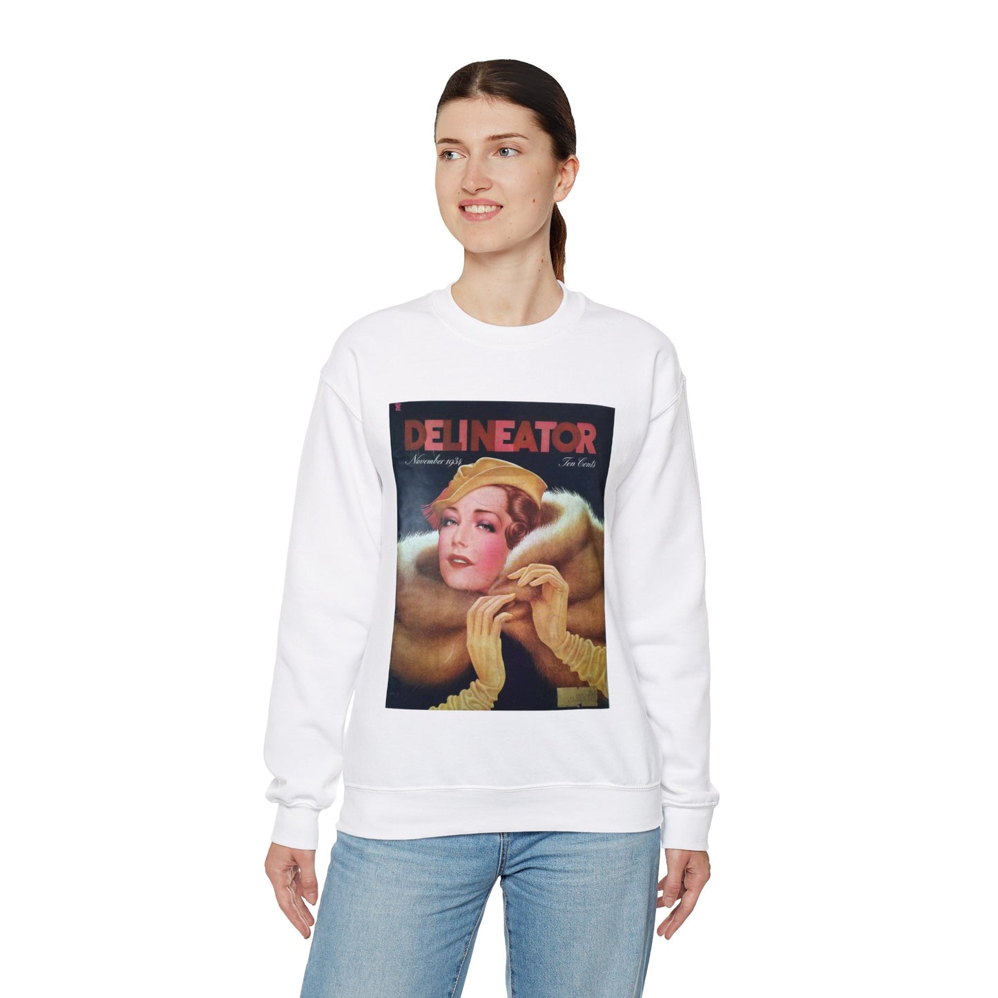 Delineator 1934-11 - Art Deco public domain image White Heavy Blend Adult Crew Neck SweatShirt