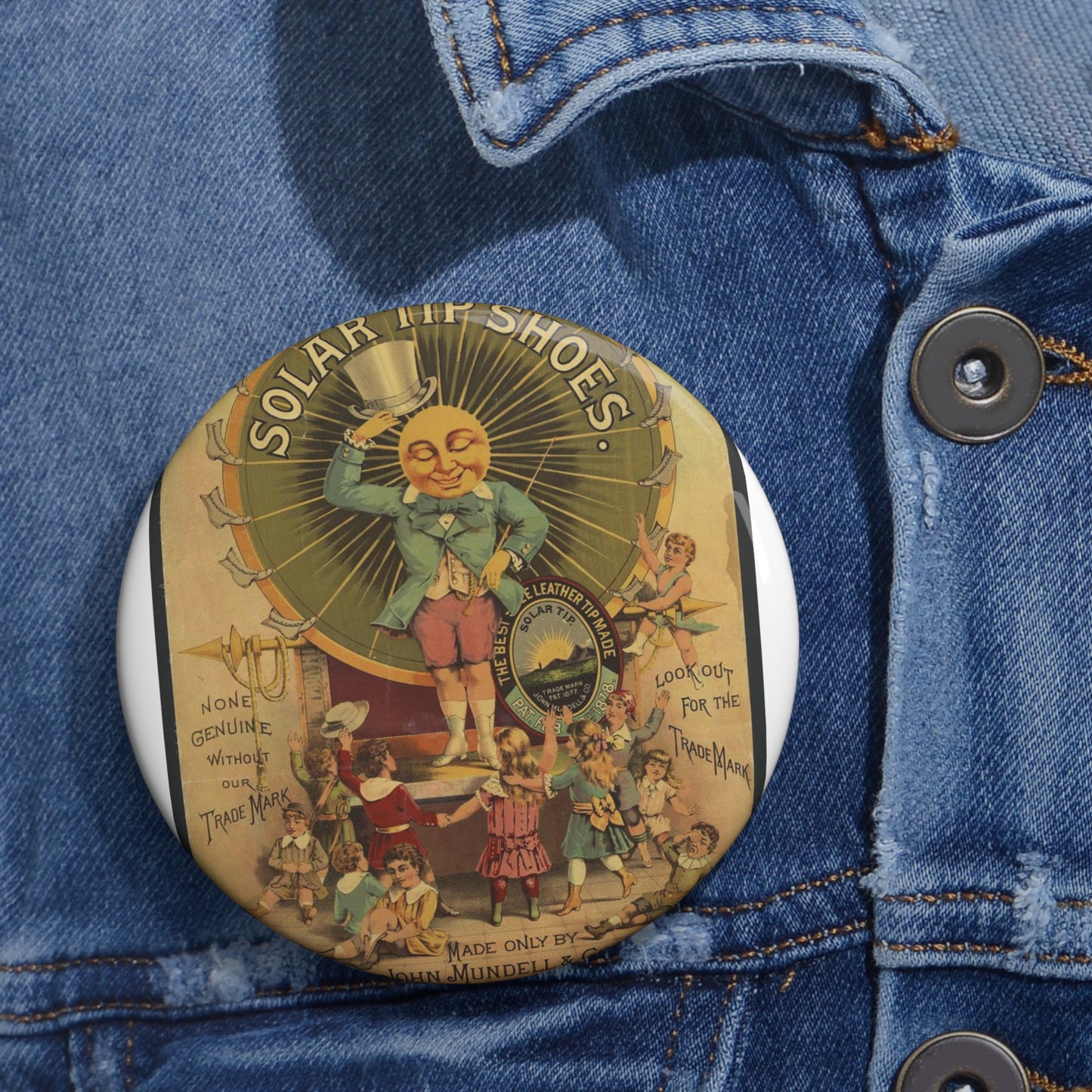 John Mundell & Co's solar tip shoes Made only by John Mundell & Co. Philadelphia. Pin Buttons with Crisp Design
