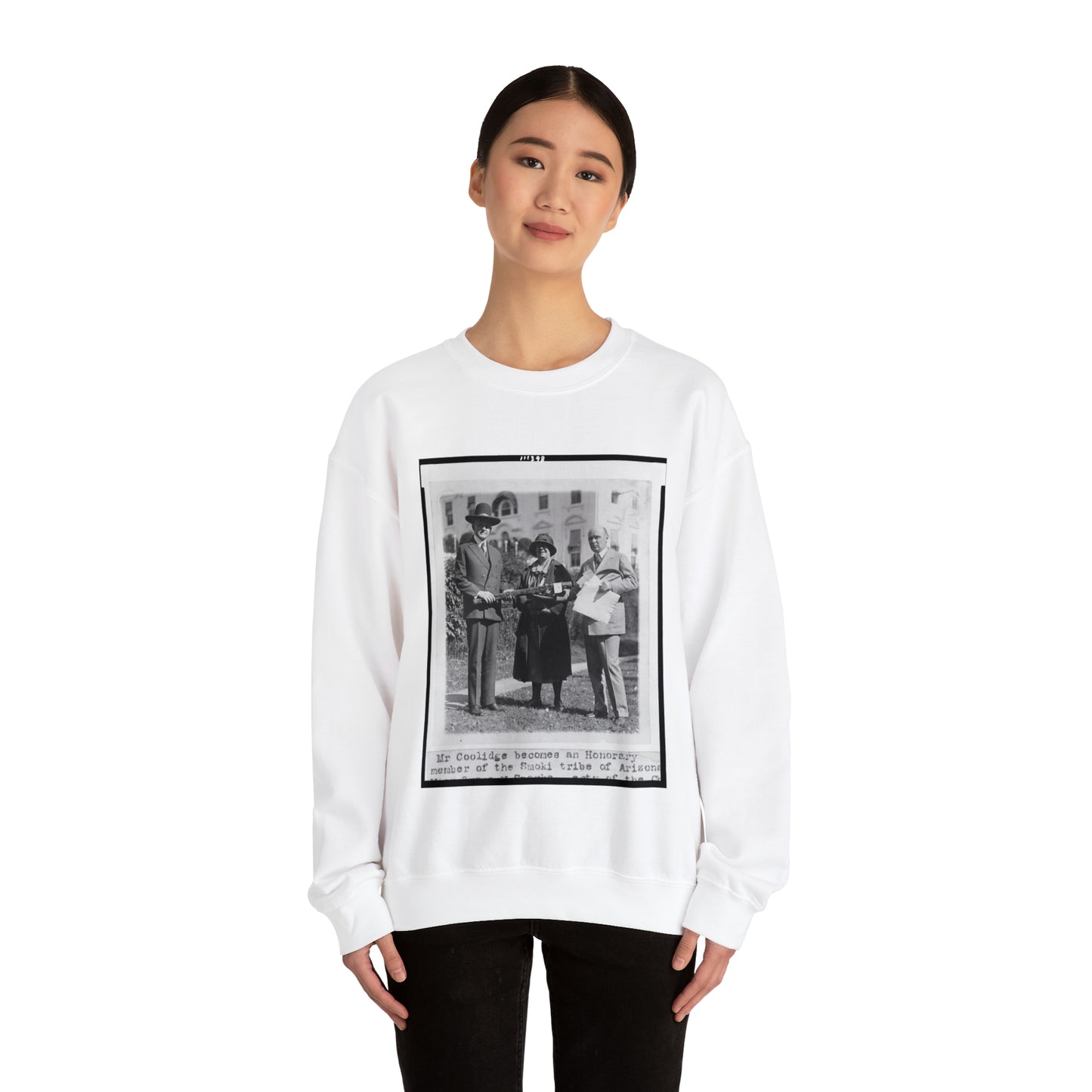 Mr. Coolidge becomes an honorary member of the Smoki [i.e., Hopi] tribe of Arizona--Miss Grace M. Sparks, Secty. of the Chamber of Commerce of Prescott, Ariz. and H.M. Watkins, Secty. of the Chamber of Phoenix White Heavy Blend Adult Crew Neck SweatShirt