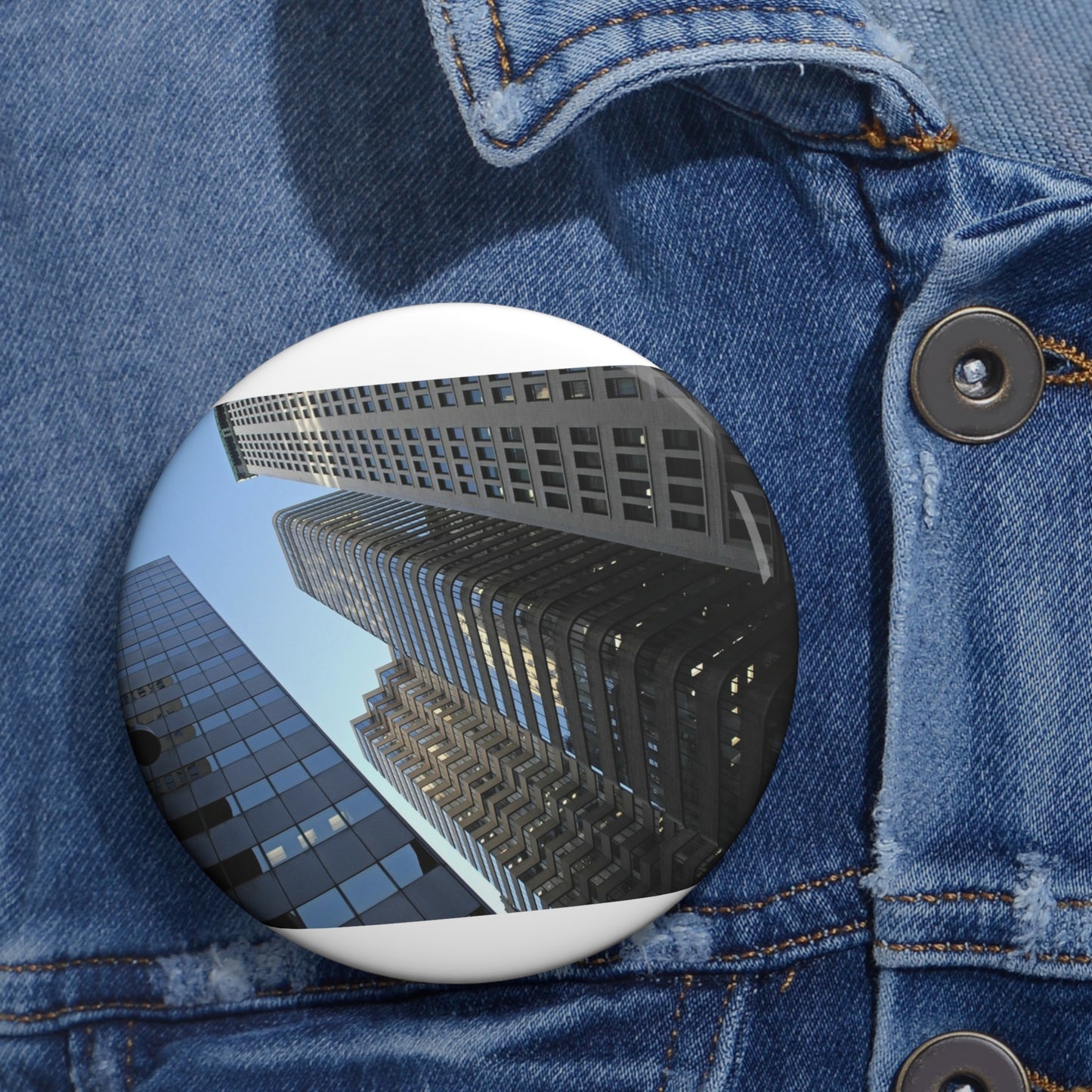 Skyscrapers cityscape architecture building. A view of some very tall buildings in a city Pin Buttons with Crisp Design