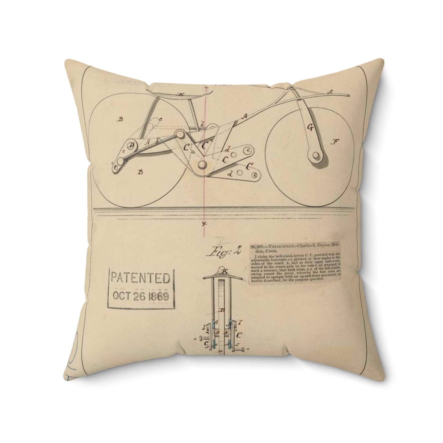 Patent drawing - Drawing of Velocipede Public domain  image Decorative Accent Square Pillow