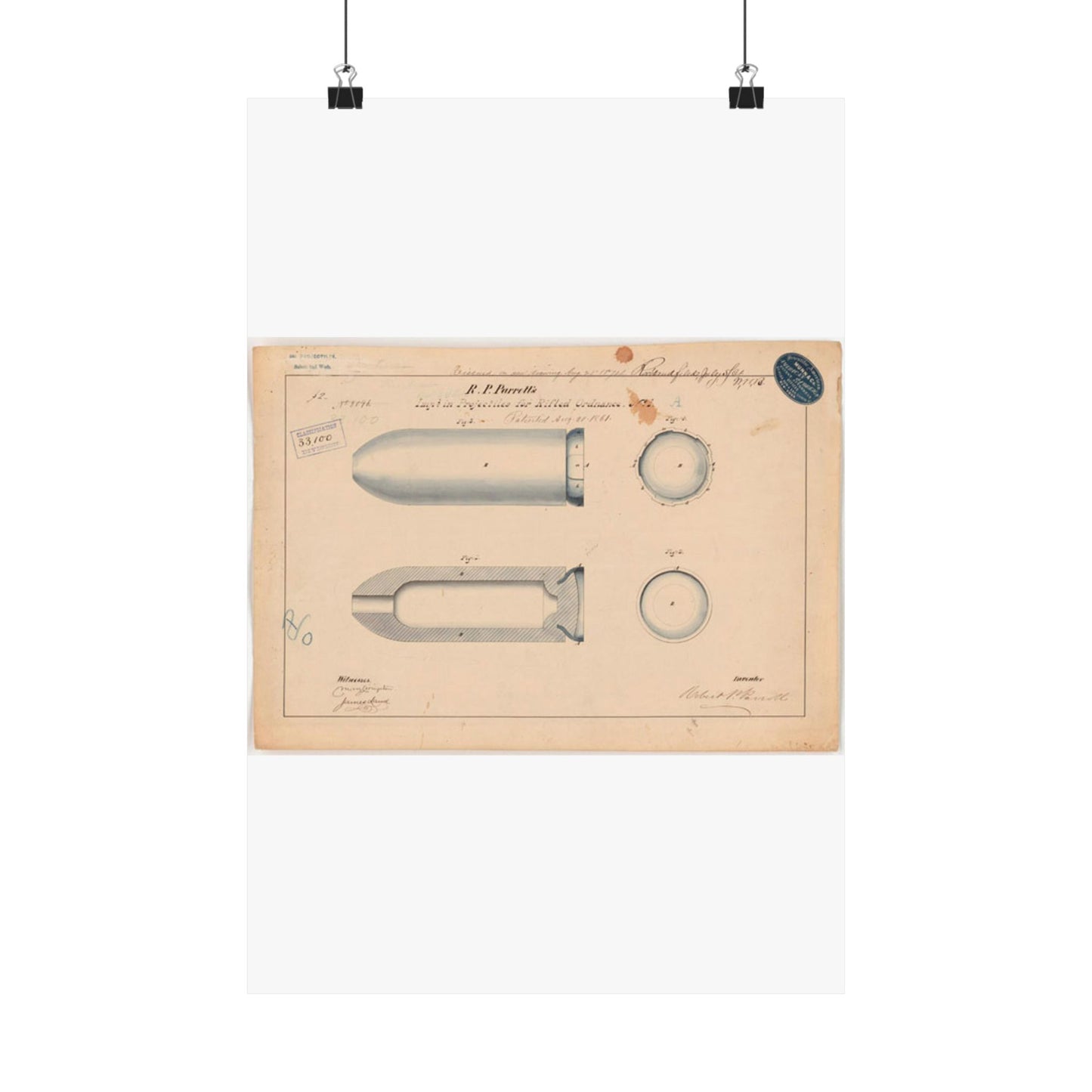 Patent drawing - Drawing of Improvement in Projectiles for Rifled Ordnance Public domain  image High Quality Matte Wall Art Poster for Home, Office, Classroom