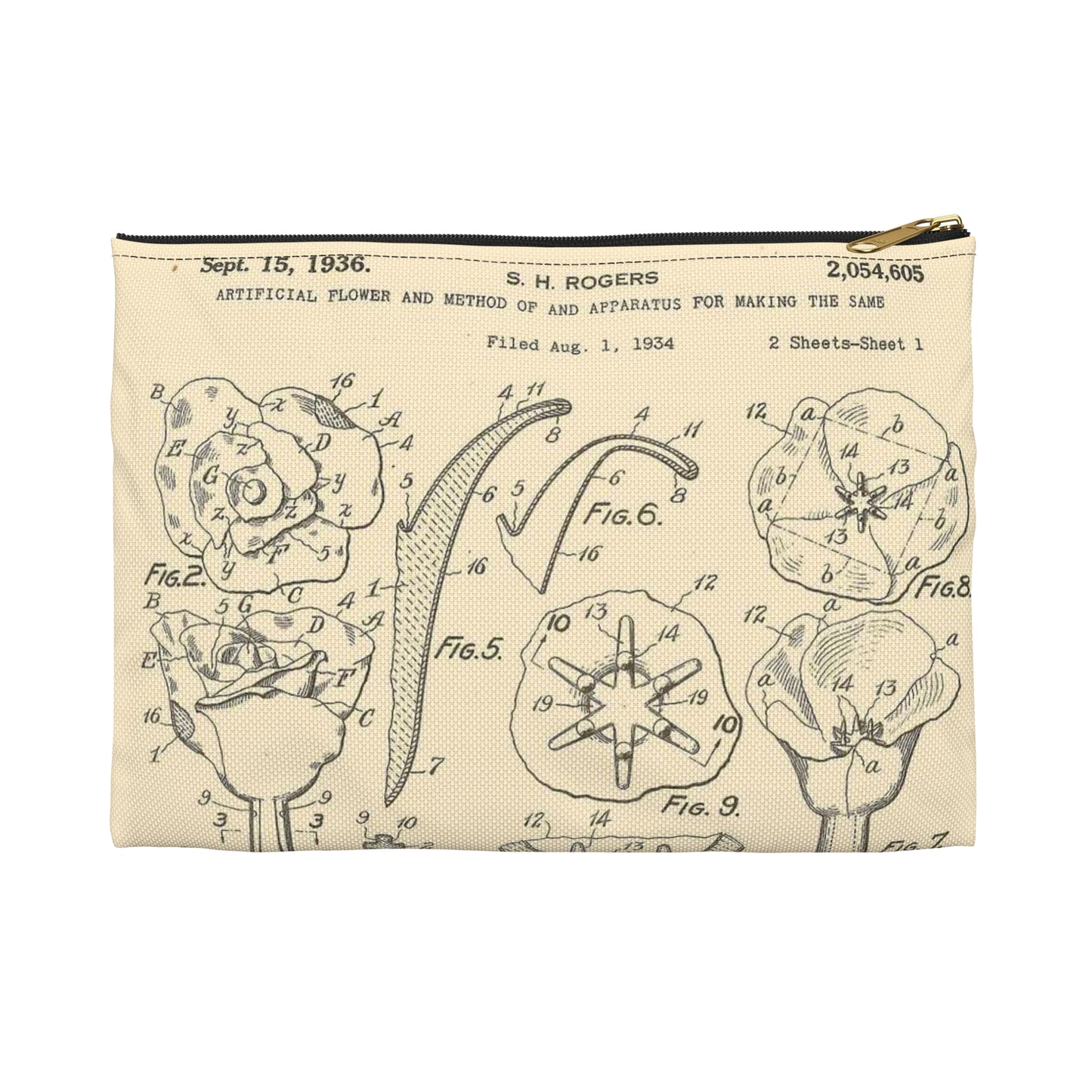 Patent Case File No. 2,054,605, Artificial Flower and Method of and Apparatus for Making the Same, Inventor- Stewart H. Rogers. - DPLA - ffbbbc6a0556e6406954e2be06fe50d6 (page 6) Large Organizer Pouch with Black Zipper