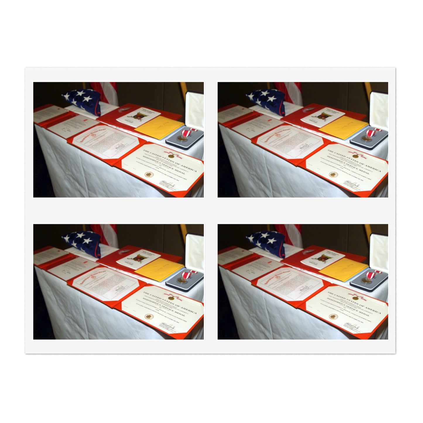 A display of US Marine Corps (USMC) MASTER GUNNERY Sergeant (MGYSGT) Stephen W. Shields' awards lay on a table during his retirement ceremony, at the Clubs of Quantico, Marine Corps Base (MCB) Quantico, Virginia Laminated UV Protective Vinyl Stickers