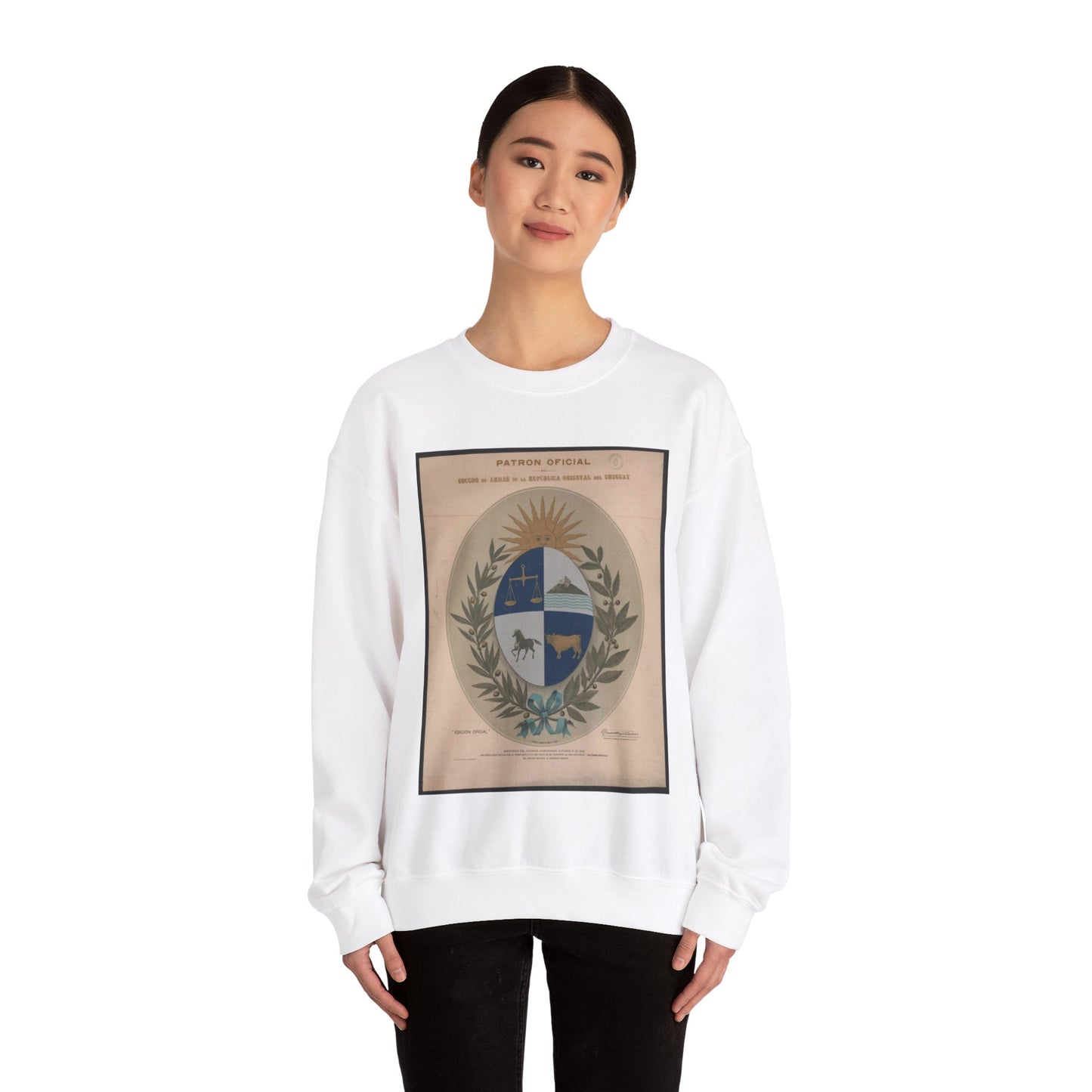 Patron oficial del escudo de armas de la Republica Oriental del Uruguay White Heavy Blend Adult Crew Neck SweatShirt