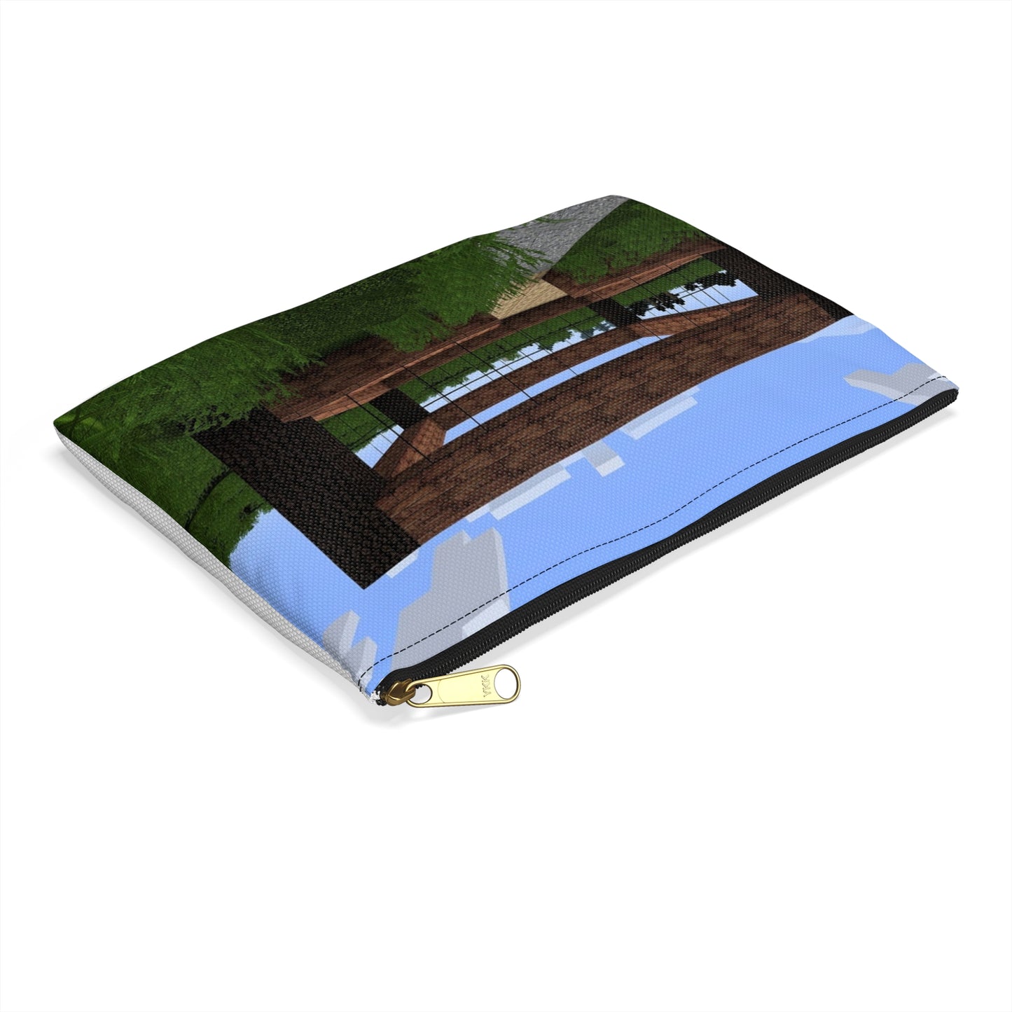 A bench in the middle of a field. Minecraft video game sky. Large Organizer Pouch with Black Zipper