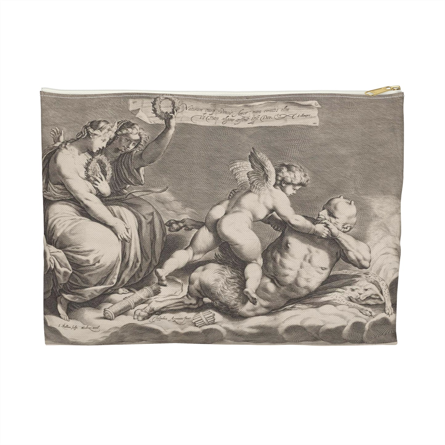 Cupid wrestling with Pan, amongst the clouds, with two allegorical women seated at left Large Organizer Pouch with Black Zipper