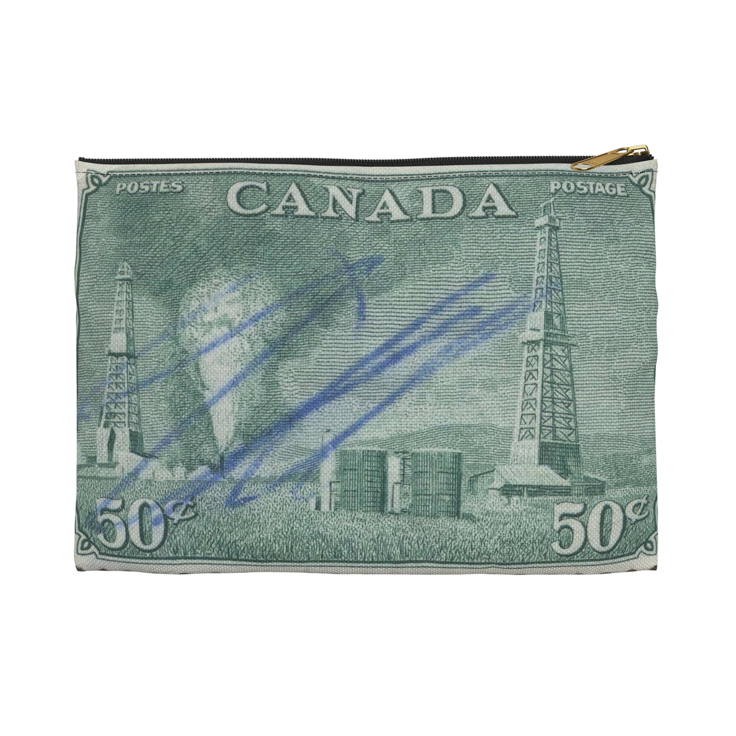 Frimärke ur Gösta Bodmans filatelistiska motivsamling, påbörjad 1950.Frimärke från Canada, 1950. Motiv av petroleumutvinning i Alberta. Large Organizer Pouch with Black Zipper
