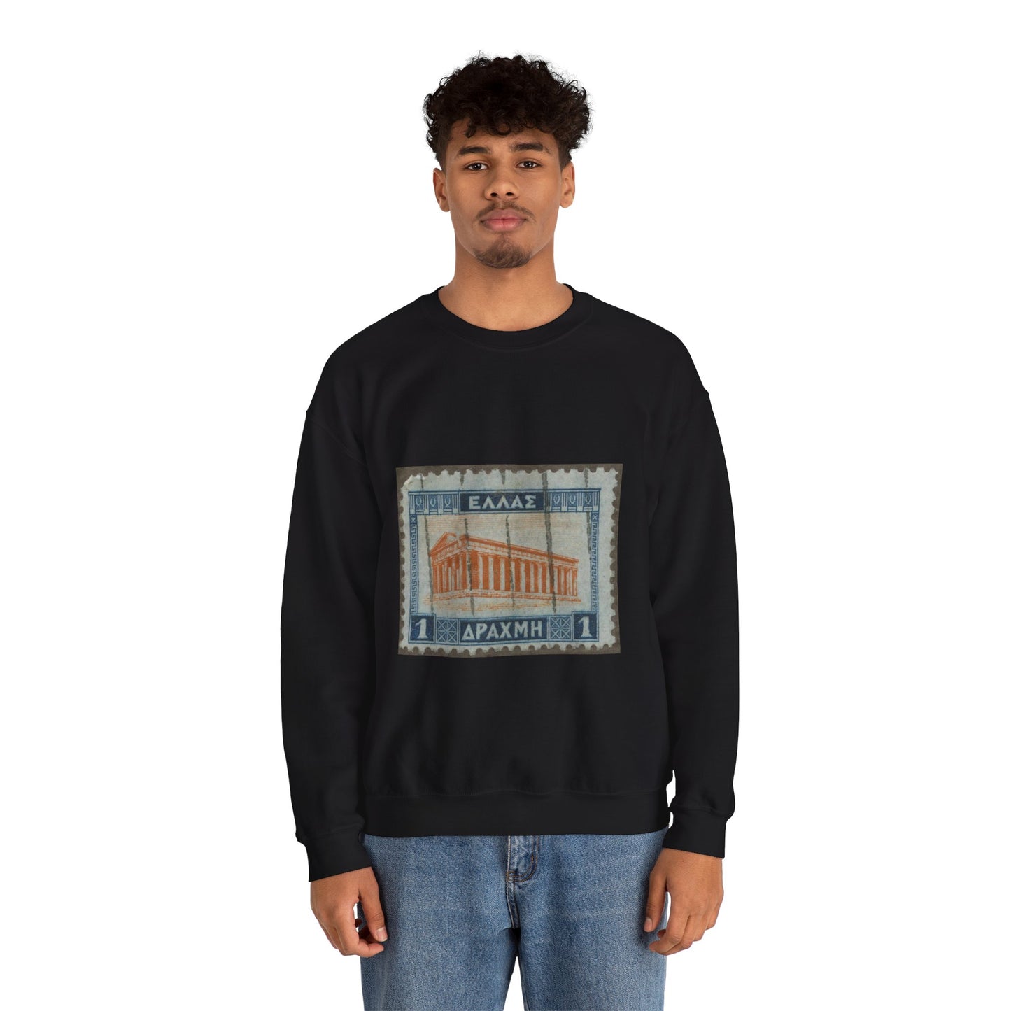 Frimärke ur Gösta Bodmans filatelistiska motivsamling, påbörjad 1950.Frimärke från Grekland, 1927. Motiv av Theseustemplet i Atèn. Black Heavy Blend Adult Crew Neck SweatShirt