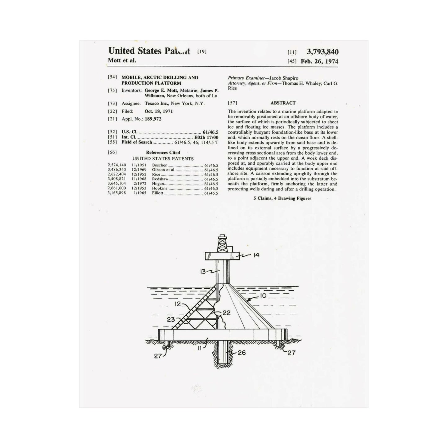 Patent Case File No. 3,793,840, Mobile Arctic Drilling and Production Platform, Inventor(s)- George E. Mott and James P. Wilbourn. - DPLA - 8f260bf2cd8926afbf4da017454f39b3 (page 6) High Quality Matte Wall Art Poster for Home, Office, Classroom