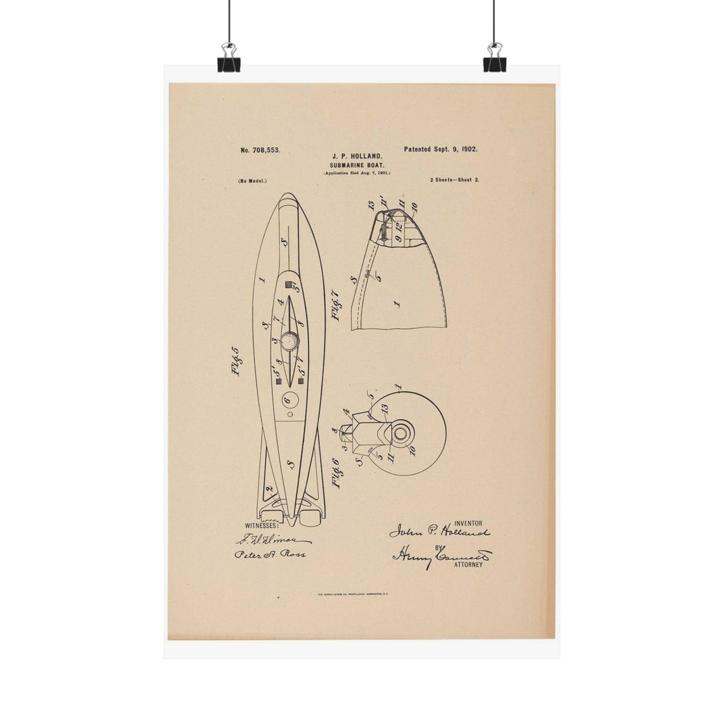 Patent drawing - Drawing for a Submarine Boat Public domain  image High Quality Matte Wall Art Poster for Home, Office, Classroom