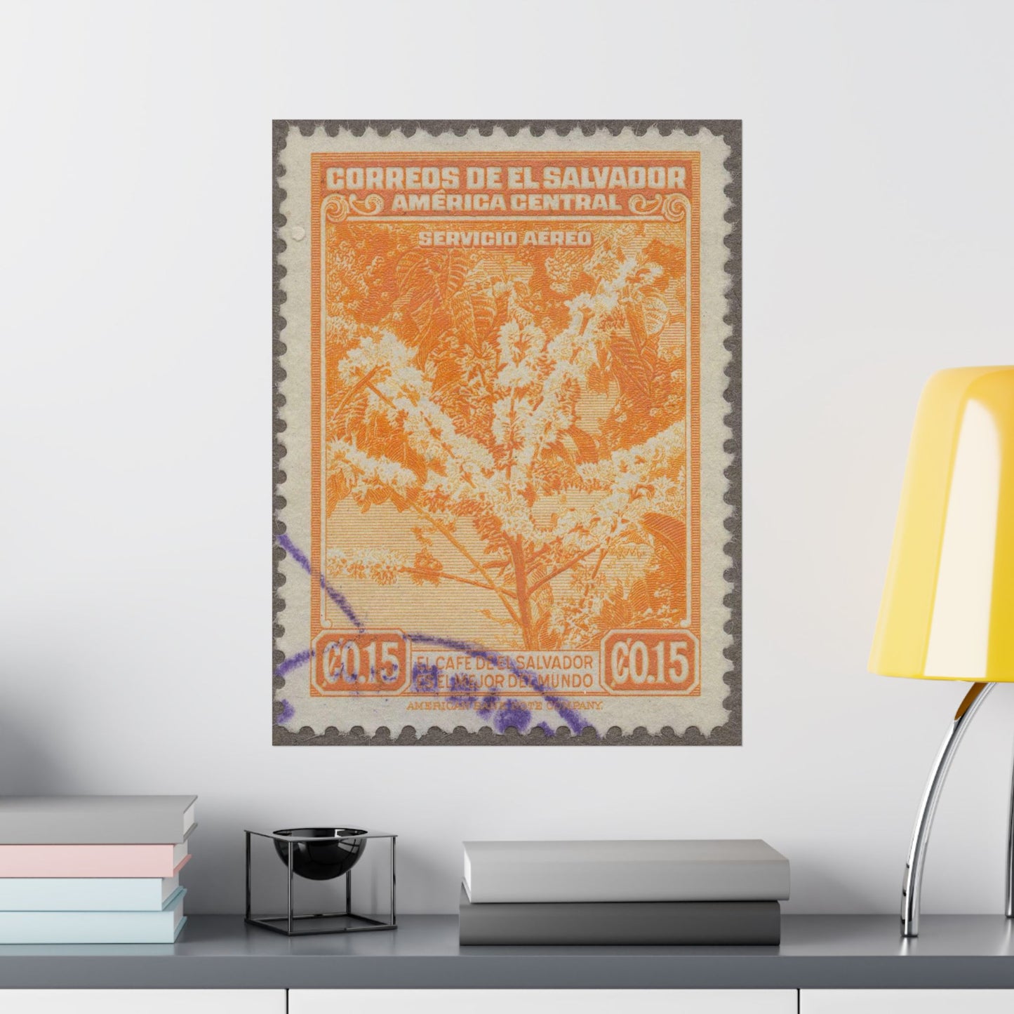 Frimärke ur Gösta Bodmans filatelistiska motivsamling, påbörjad 1950.Frimärke från Salvador, 1940. Motiv av kaffeplanta med blommor. High Quality Matte Wall Art Poster for Home, Office, Classroom