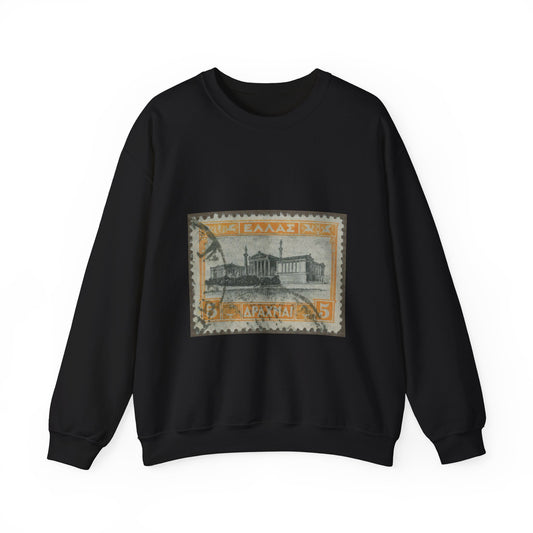 Frimärke ur Gösta Bodmans filatelistiska motivsamling, påbörjad 1950.Frimärke från Grekland, 1927. Motiv av Akademibyggnaden i Athén. Black Heavy Blend Adult Crew Neck SweatShirt